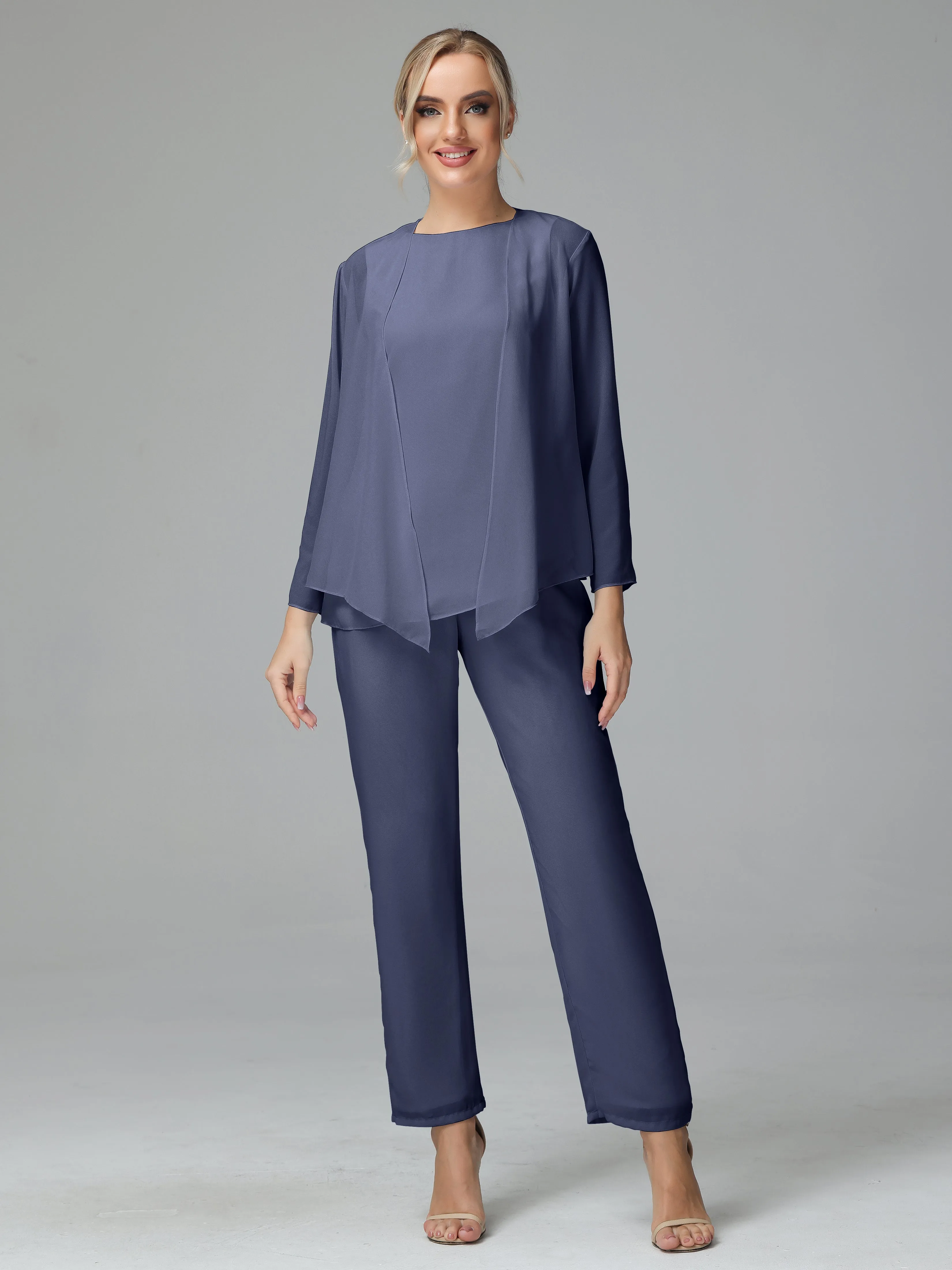 Long Sleeves 3 Pieces Chiffon Mother of Bride Dress Pant Suits