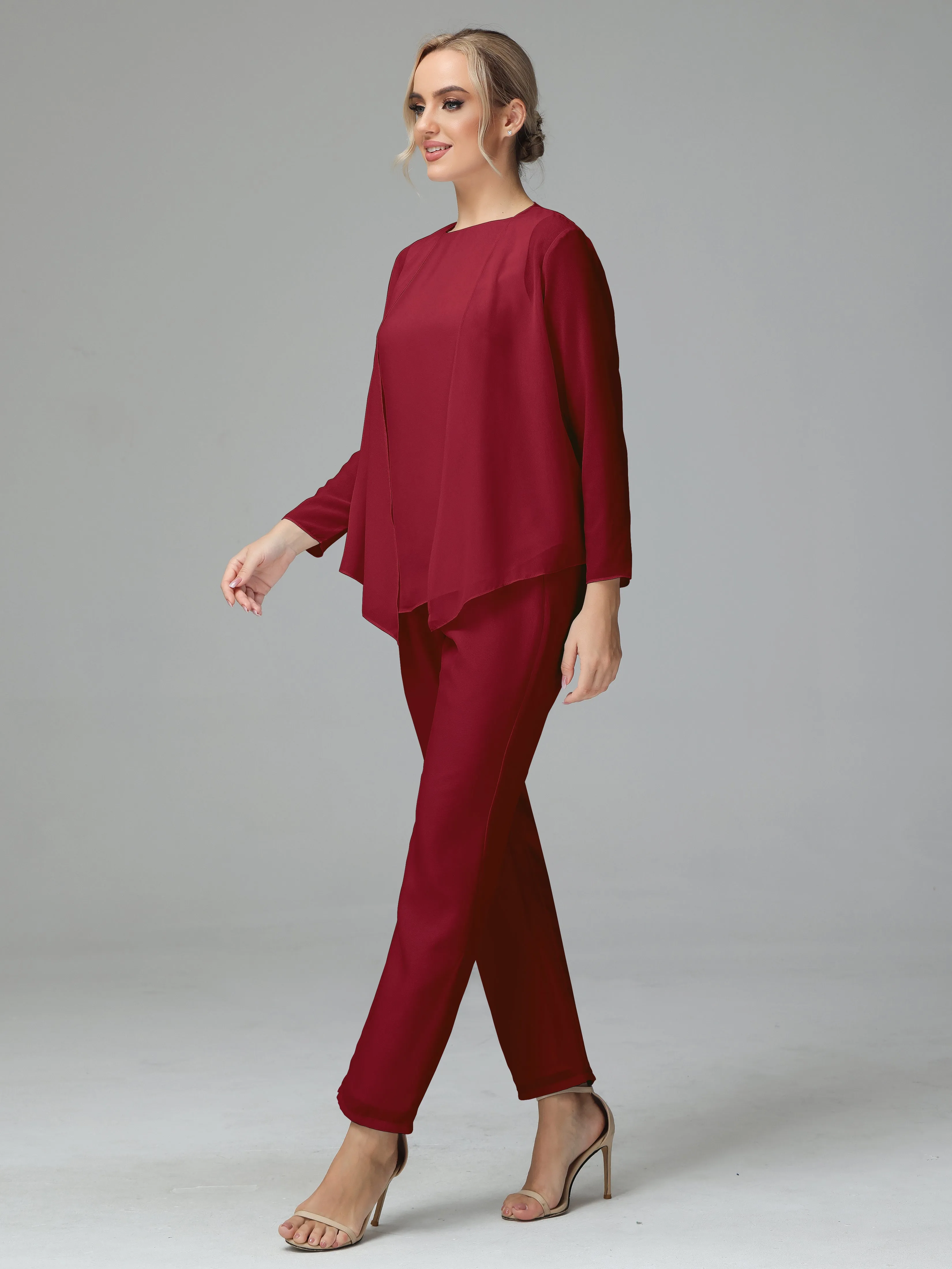 Long Sleeves 3 Pieces Chiffon Mother of Bride Dress Pant Suits