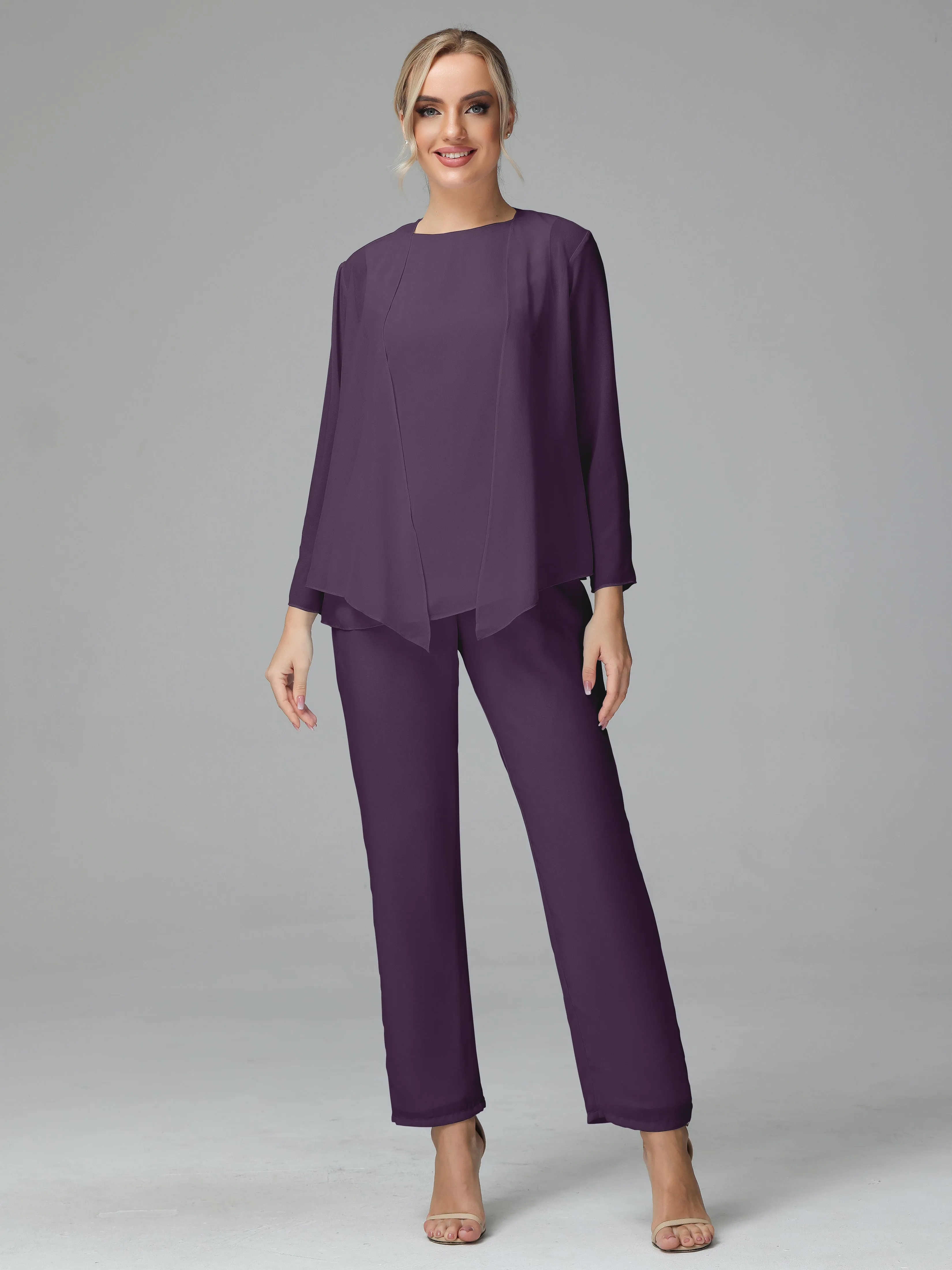 Long Sleeves 3 Pieces Chiffon Mother of Bride Dress Pant Suits