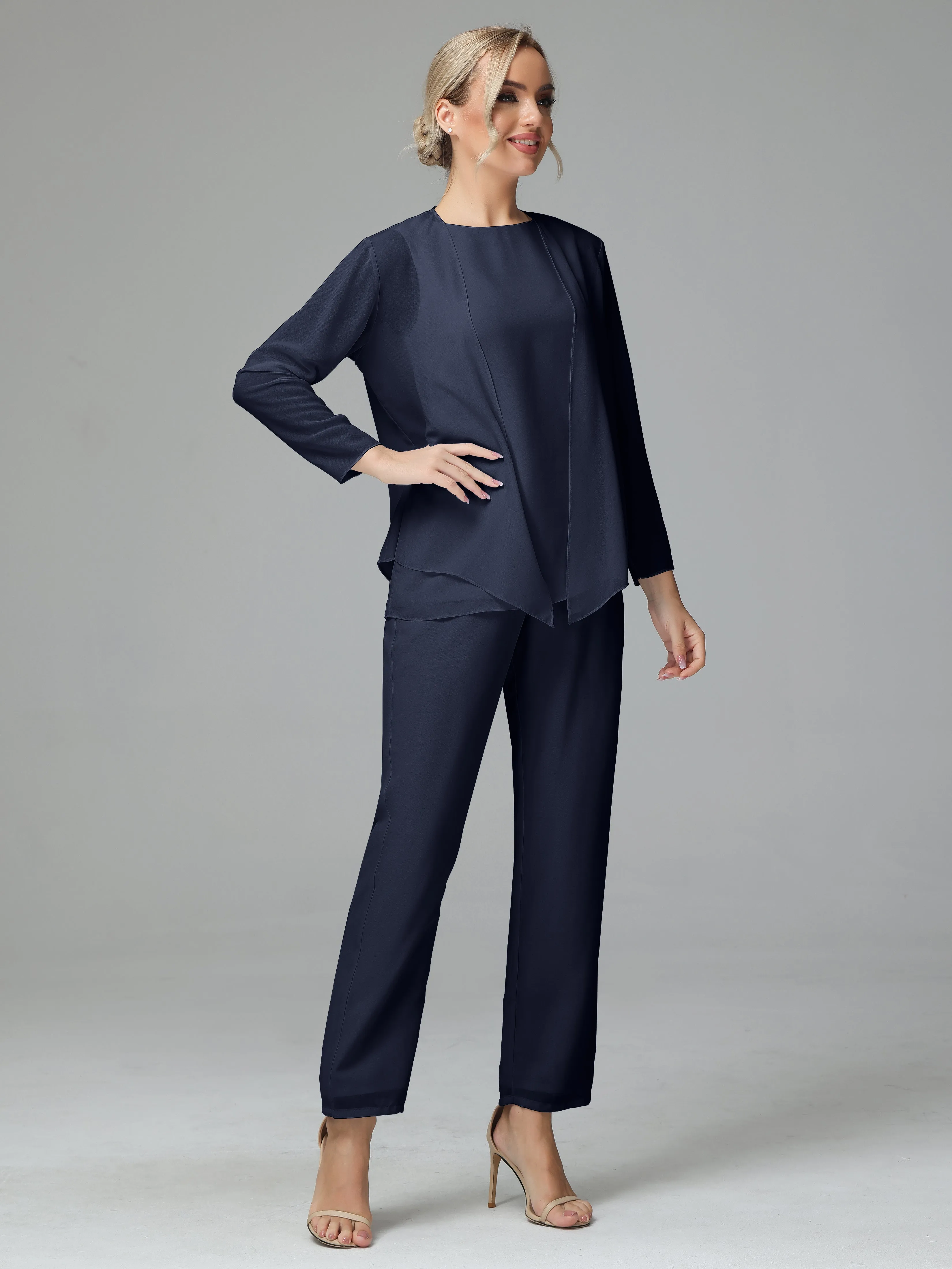 Long Sleeves 3 Pieces Chiffon Mother of Bride Dress Pant Suits