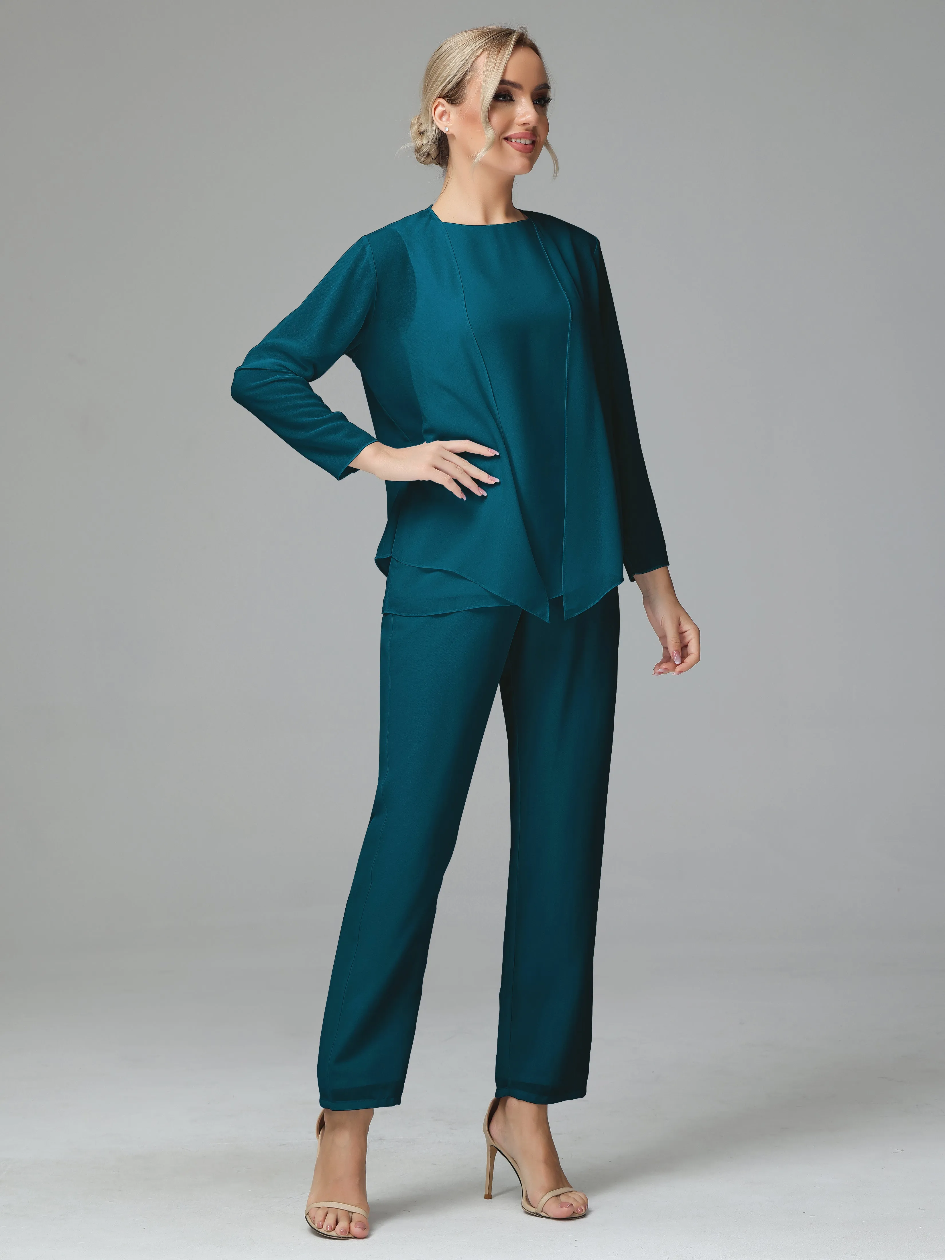 Long Sleeves 3 Pieces Chiffon Mother of Bride Dress Pant Suits