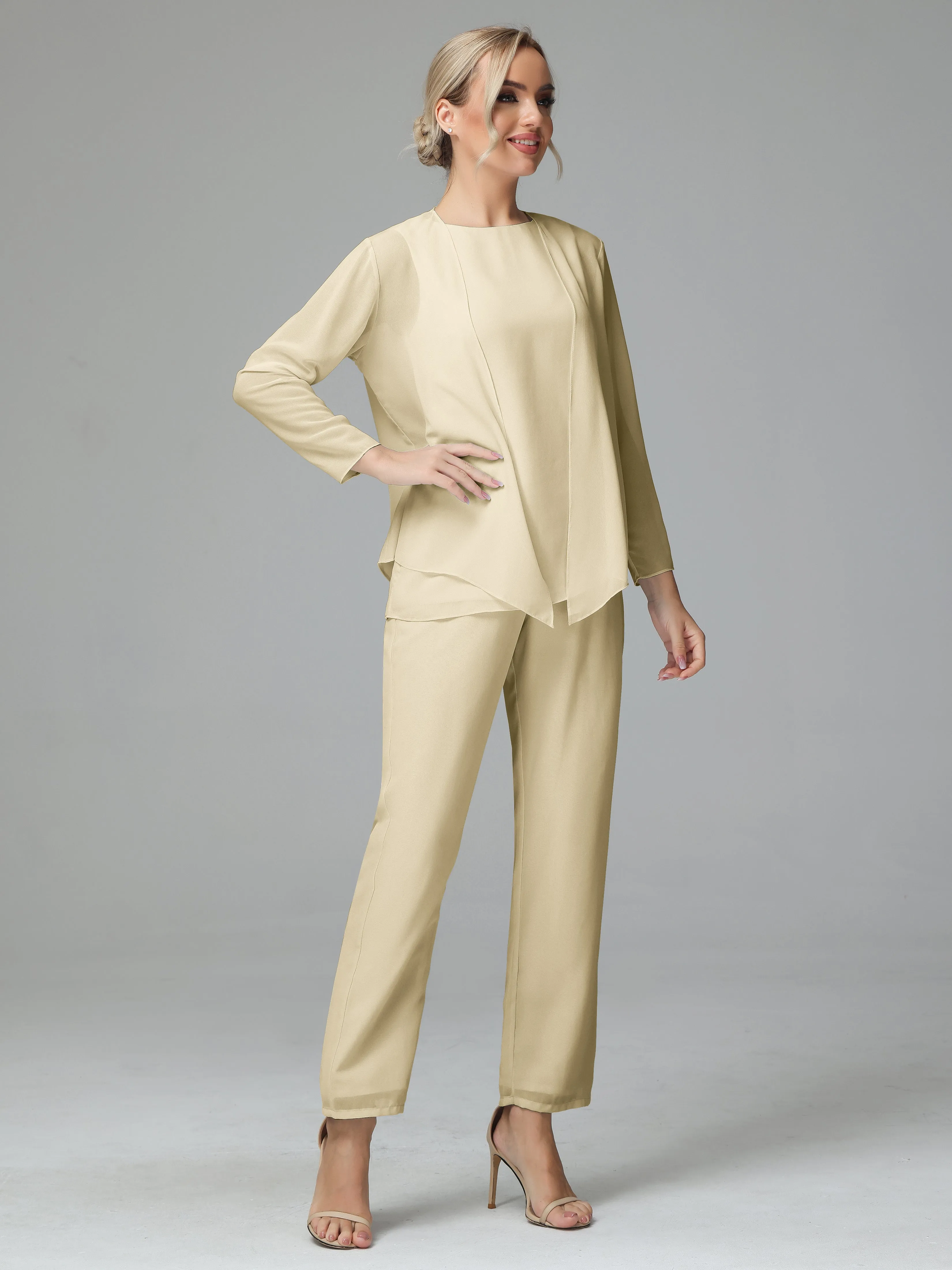 Long Sleeves 3 Pieces Chiffon Mother of Bride Dress Pant Suits