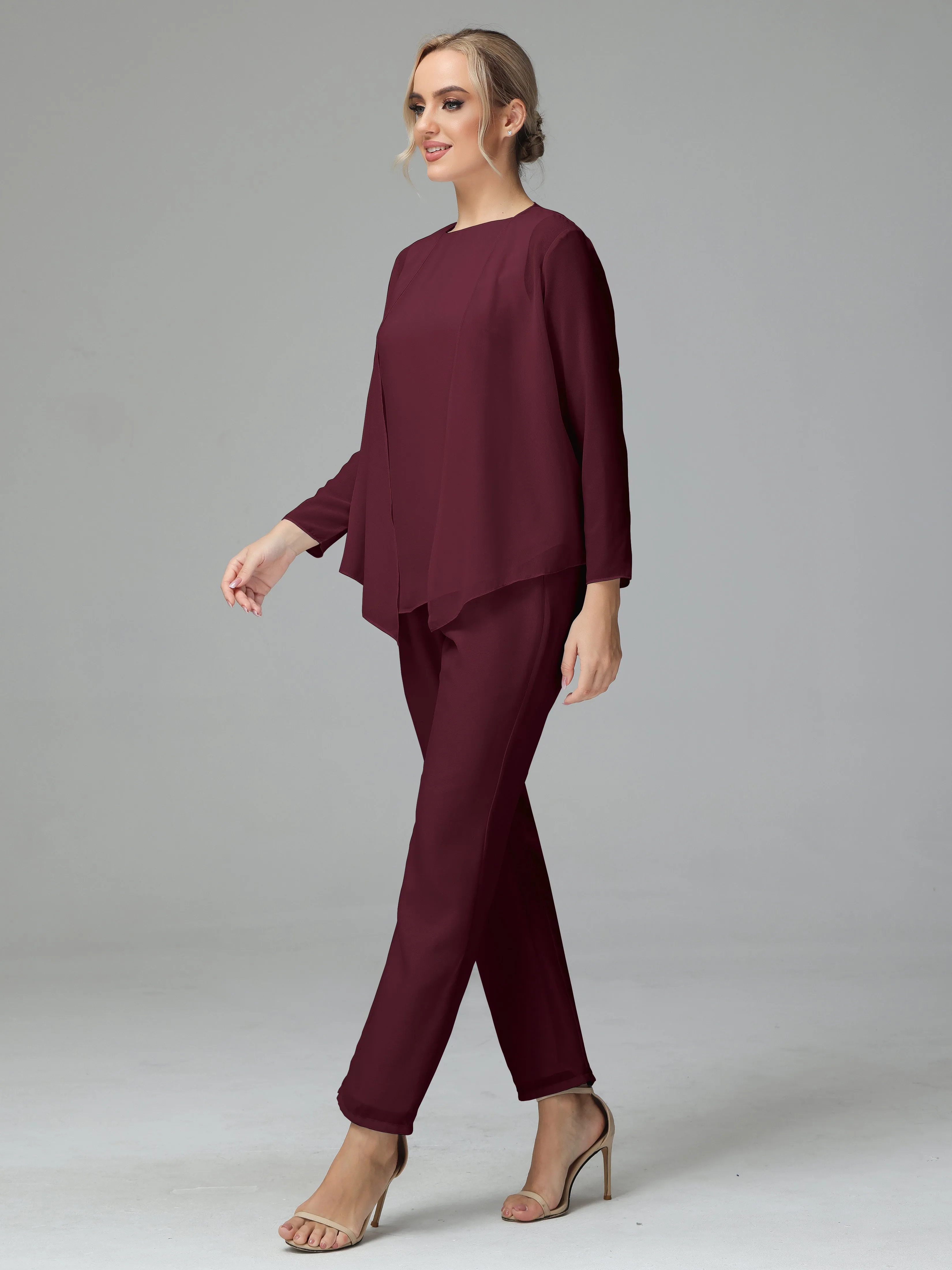 Long Sleeves 3 Pieces Chiffon Mother of Bride Dress Pant Suits