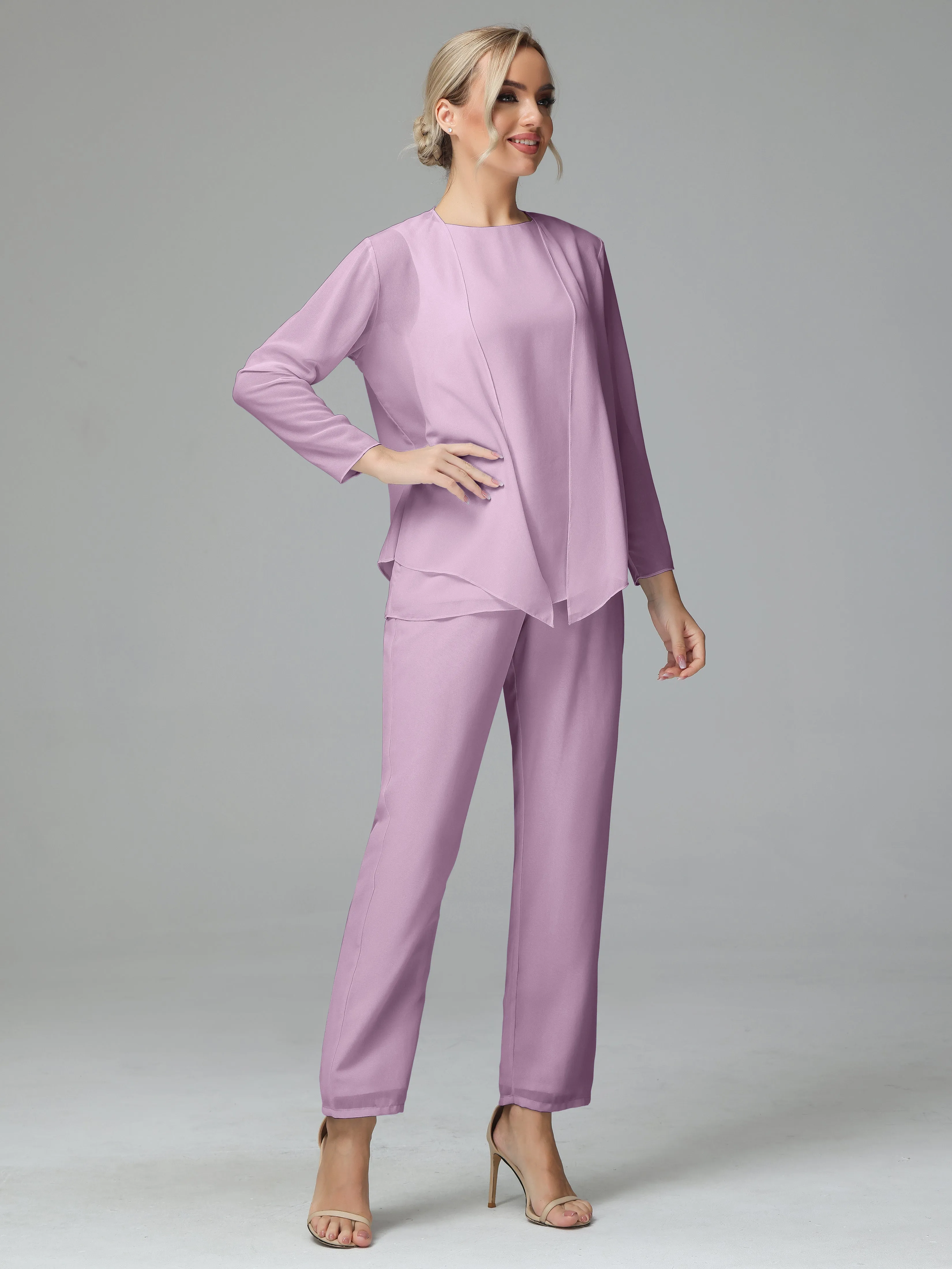 Long Sleeves 3 Pieces Chiffon Mother of Bride Dress Pant Suits