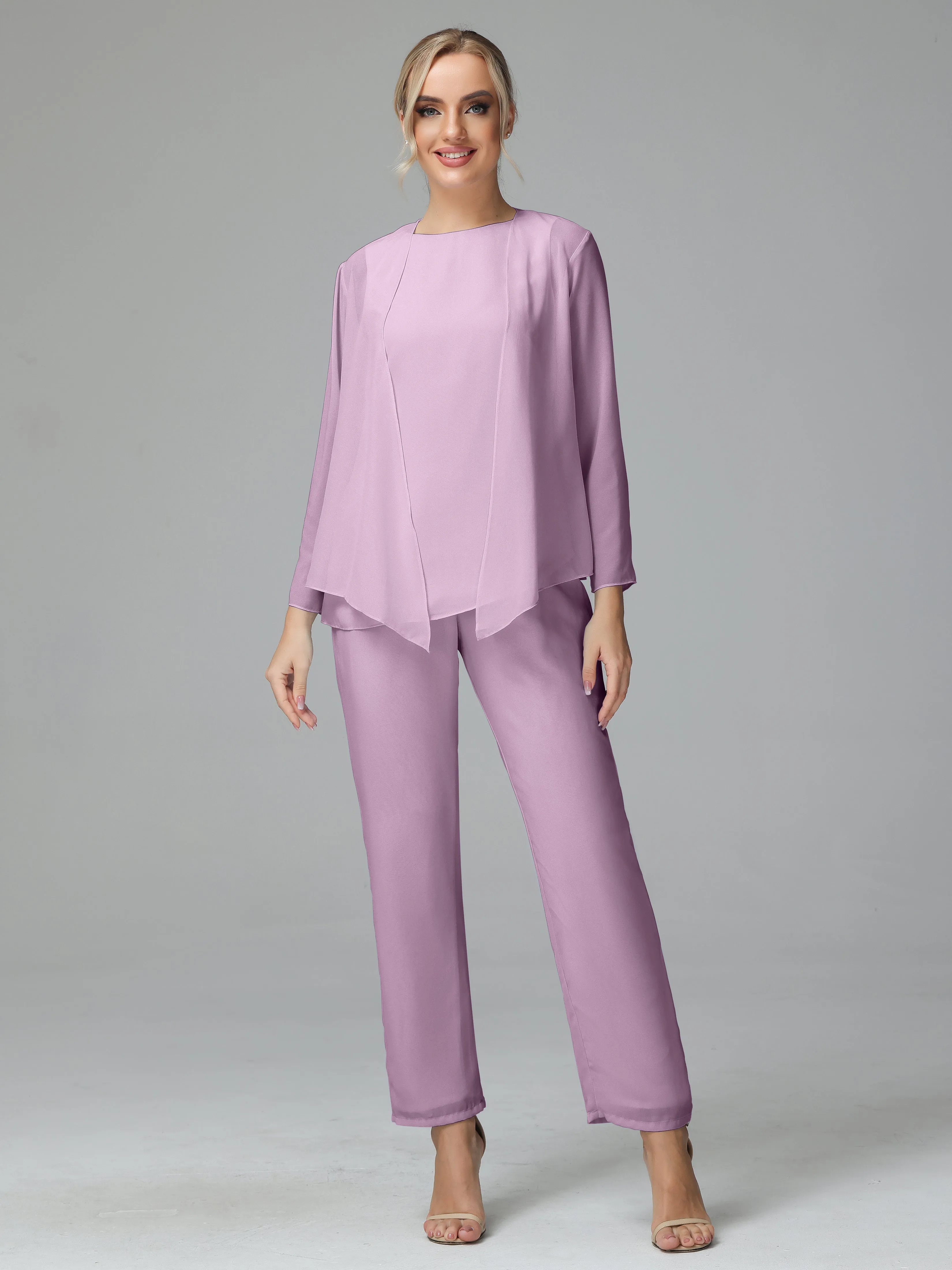 Long Sleeves 3 Pieces Chiffon Mother of Bride Dress Pant Suits