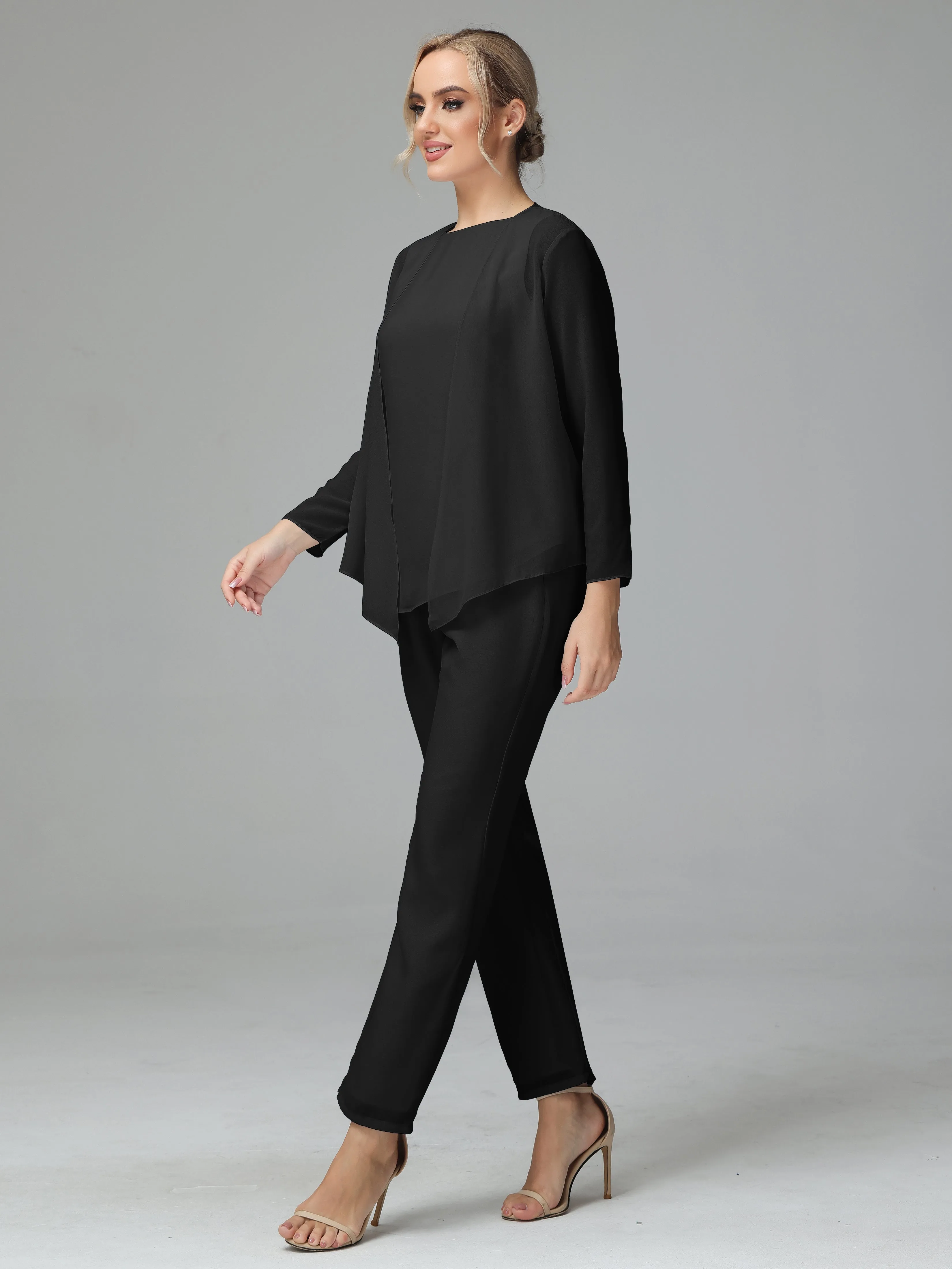Long Sleeves 3 Pieces Chiffon Mother of Bride Dress Pant Suits