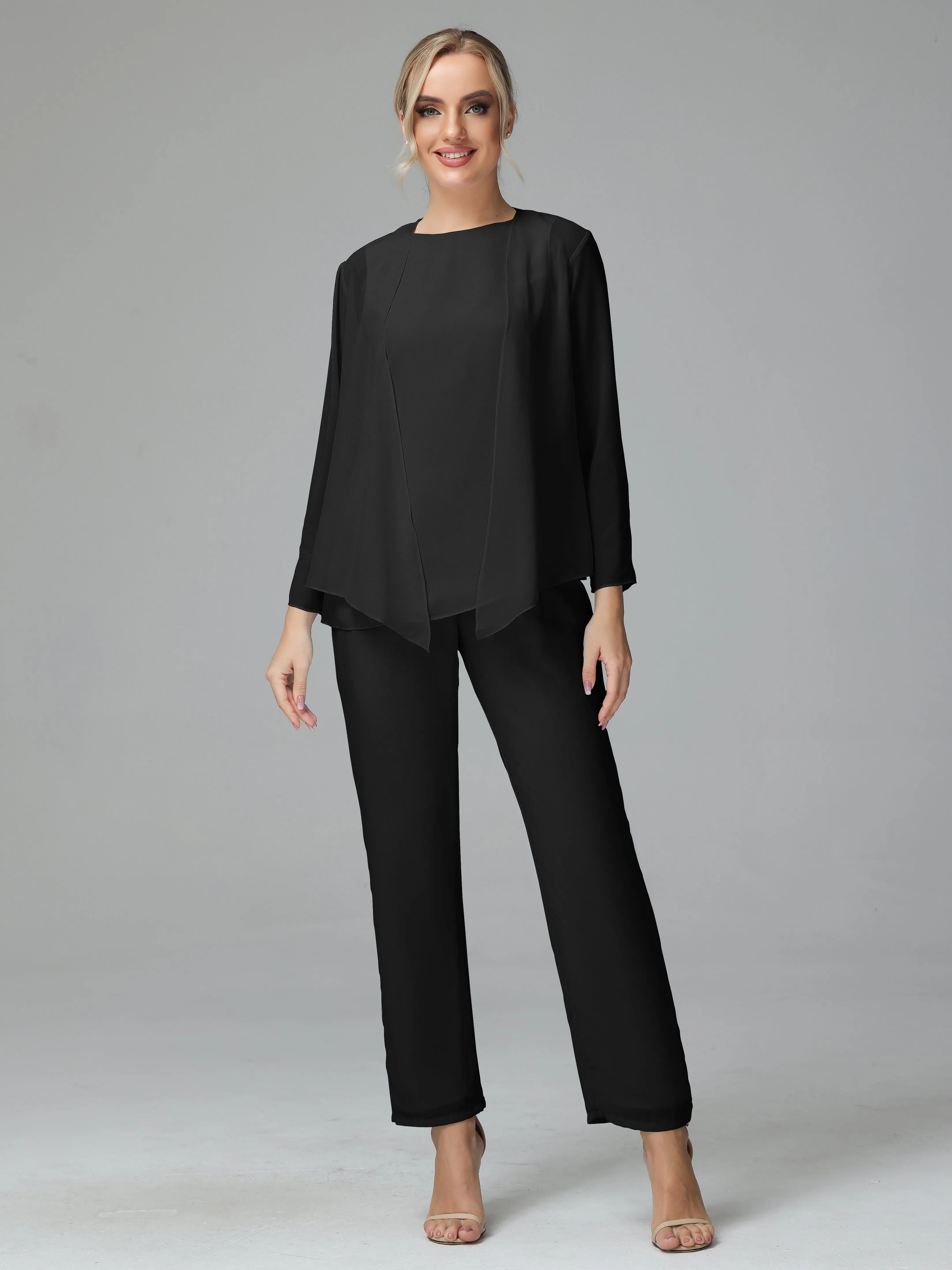 Long Sleeves 3 Pieces Chiffon Mother of Bride Dress Pant Suits