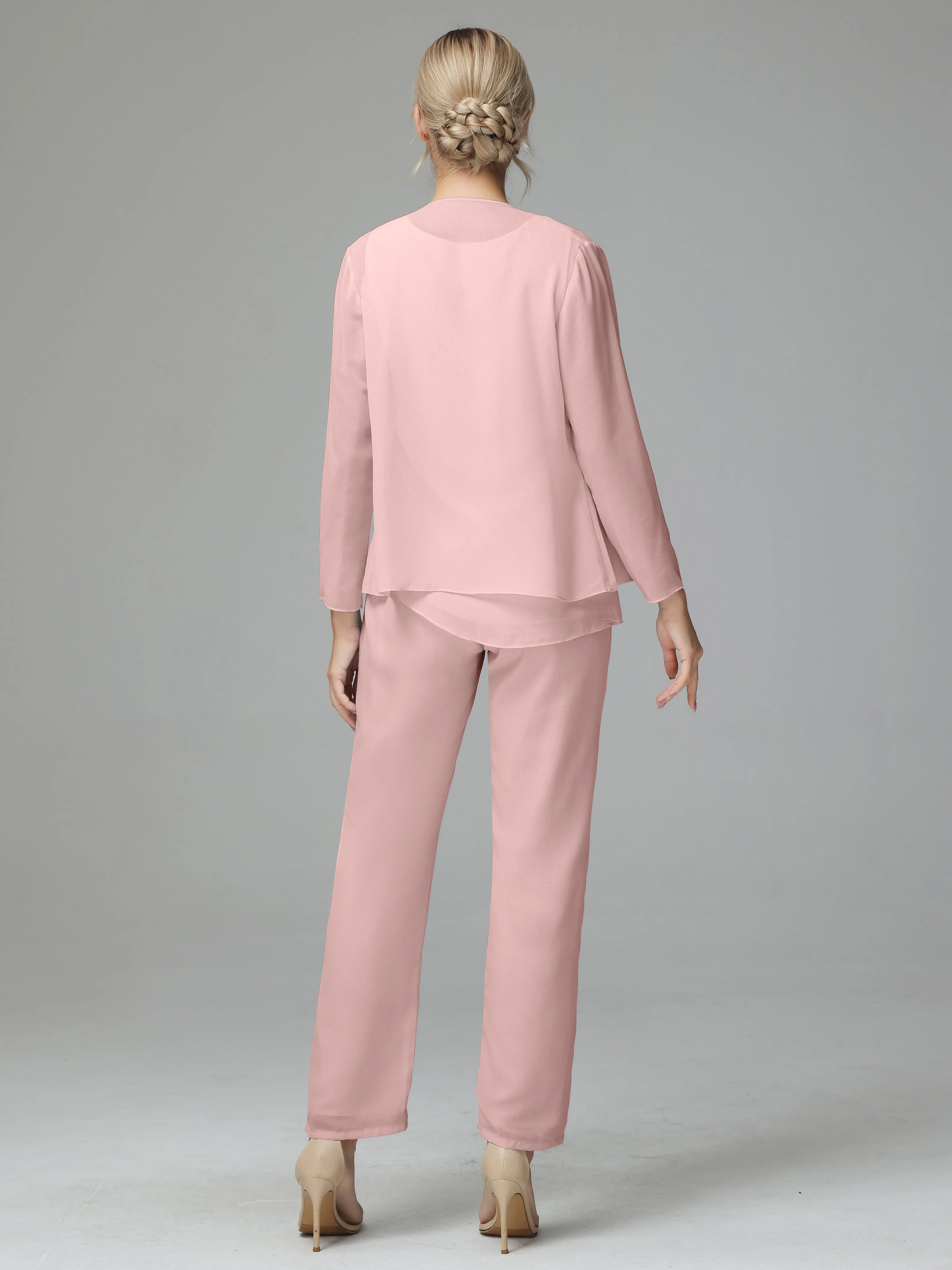 Long Sleeves 3 Pieces Chiffon Mother of Bride Dress Pant Suits