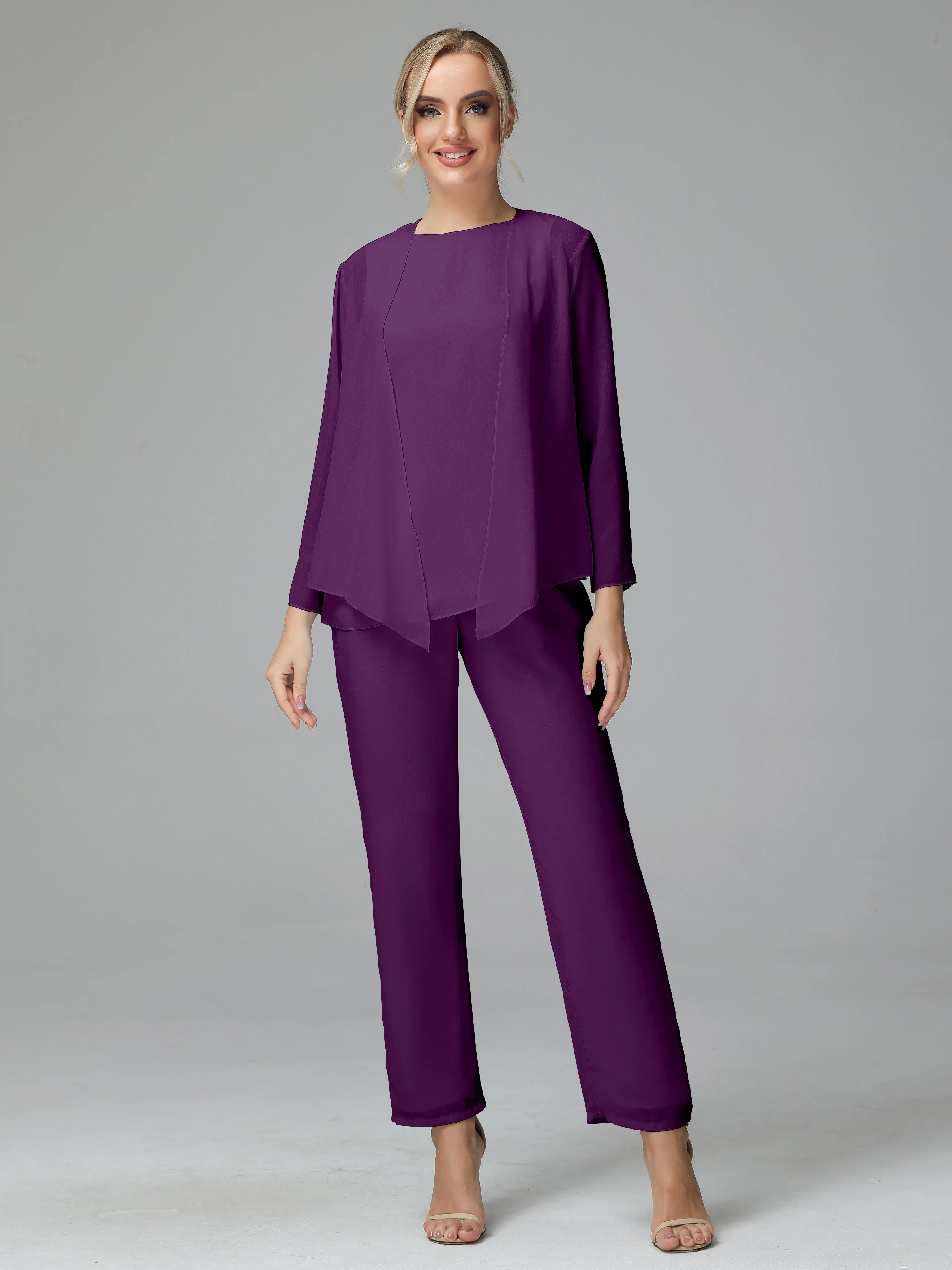 Long Sleeves 3 Pieces Chiffon Mother of Bride Dress Pant Suits