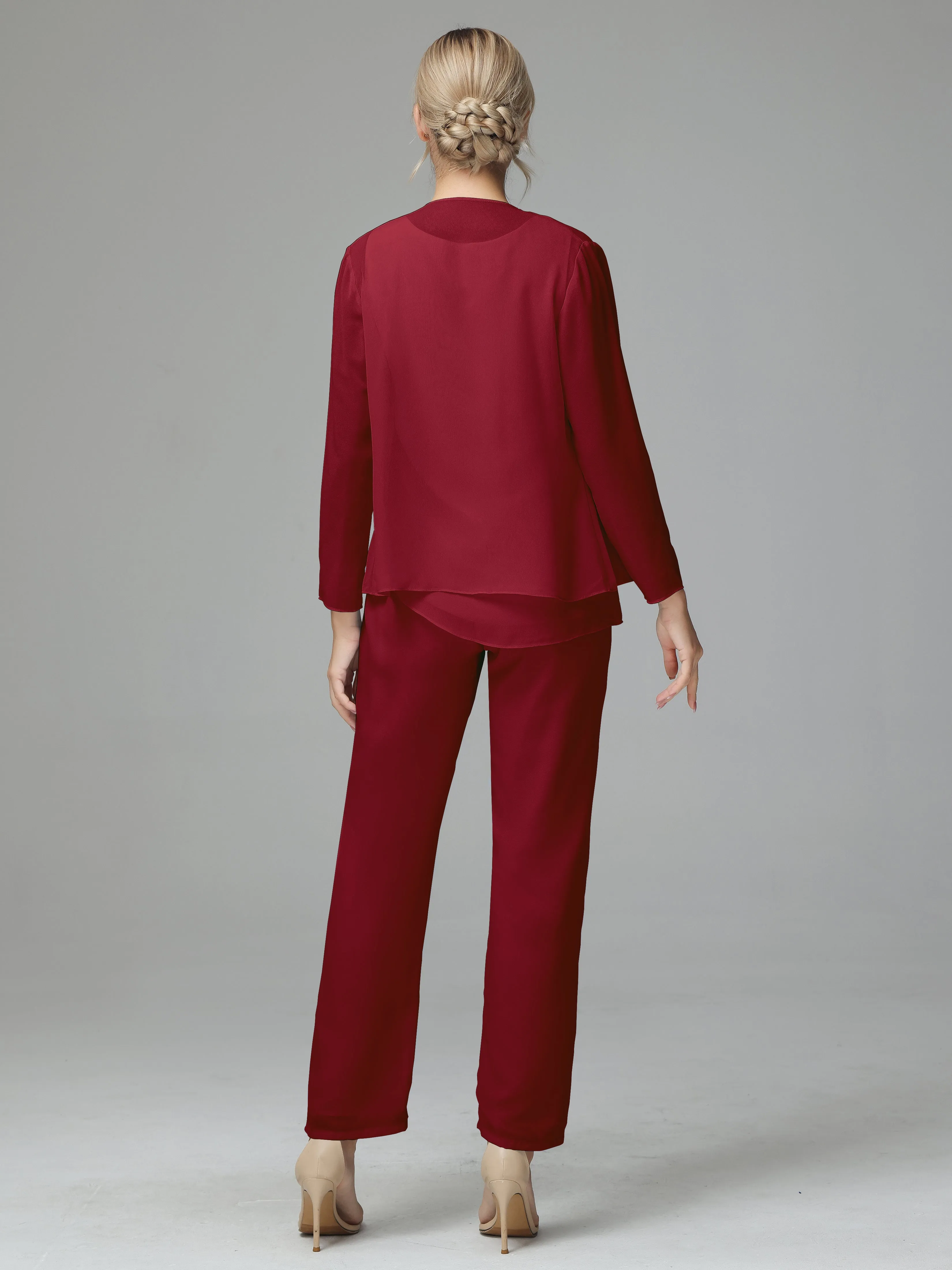 Long Sleeves 3 Pieces Chiffon Mother of Bride Dress Pant Suits