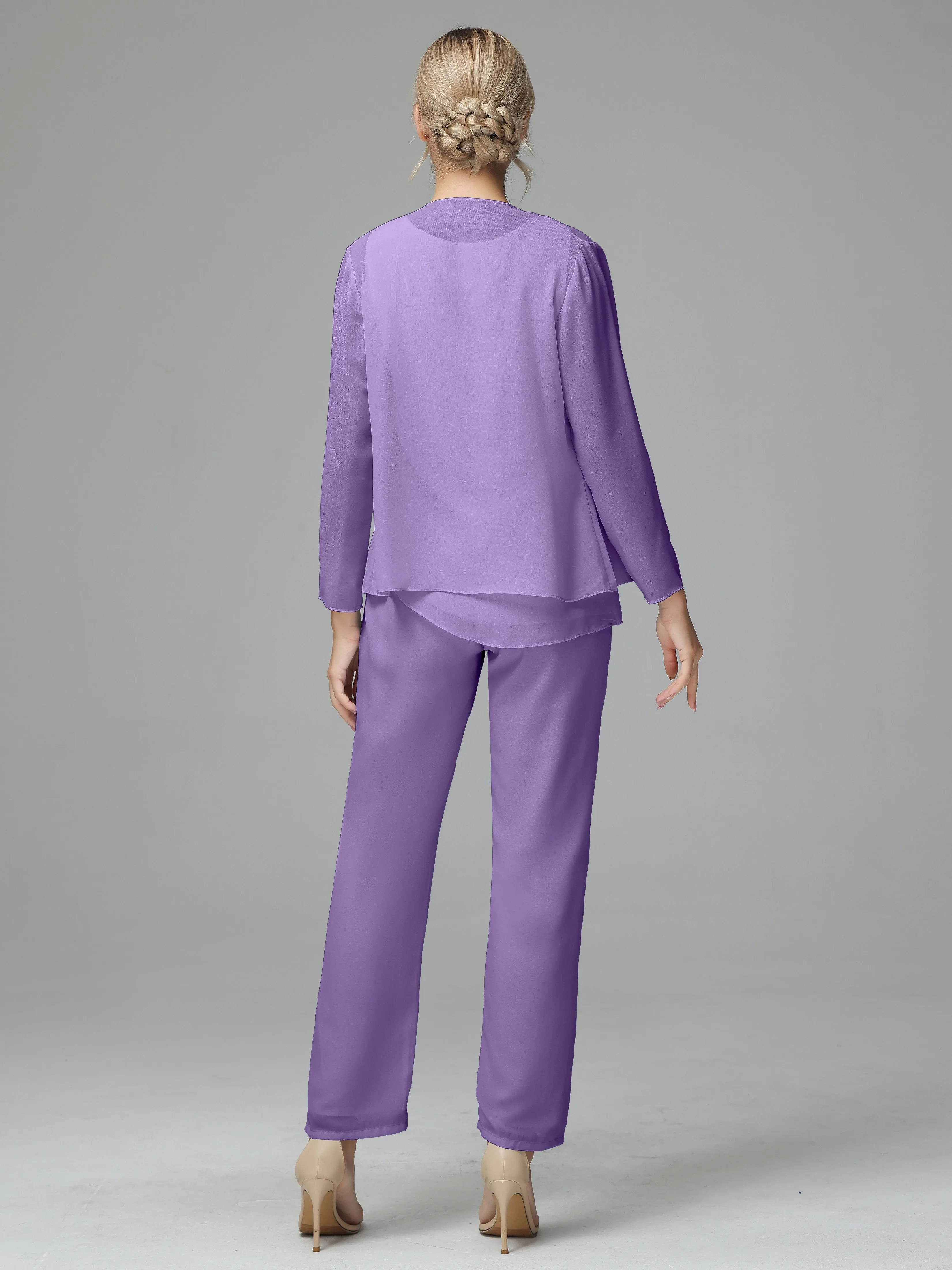 Long Sleeves 3 Pieces Chiffon Mother of Bride Dress Pant Suits