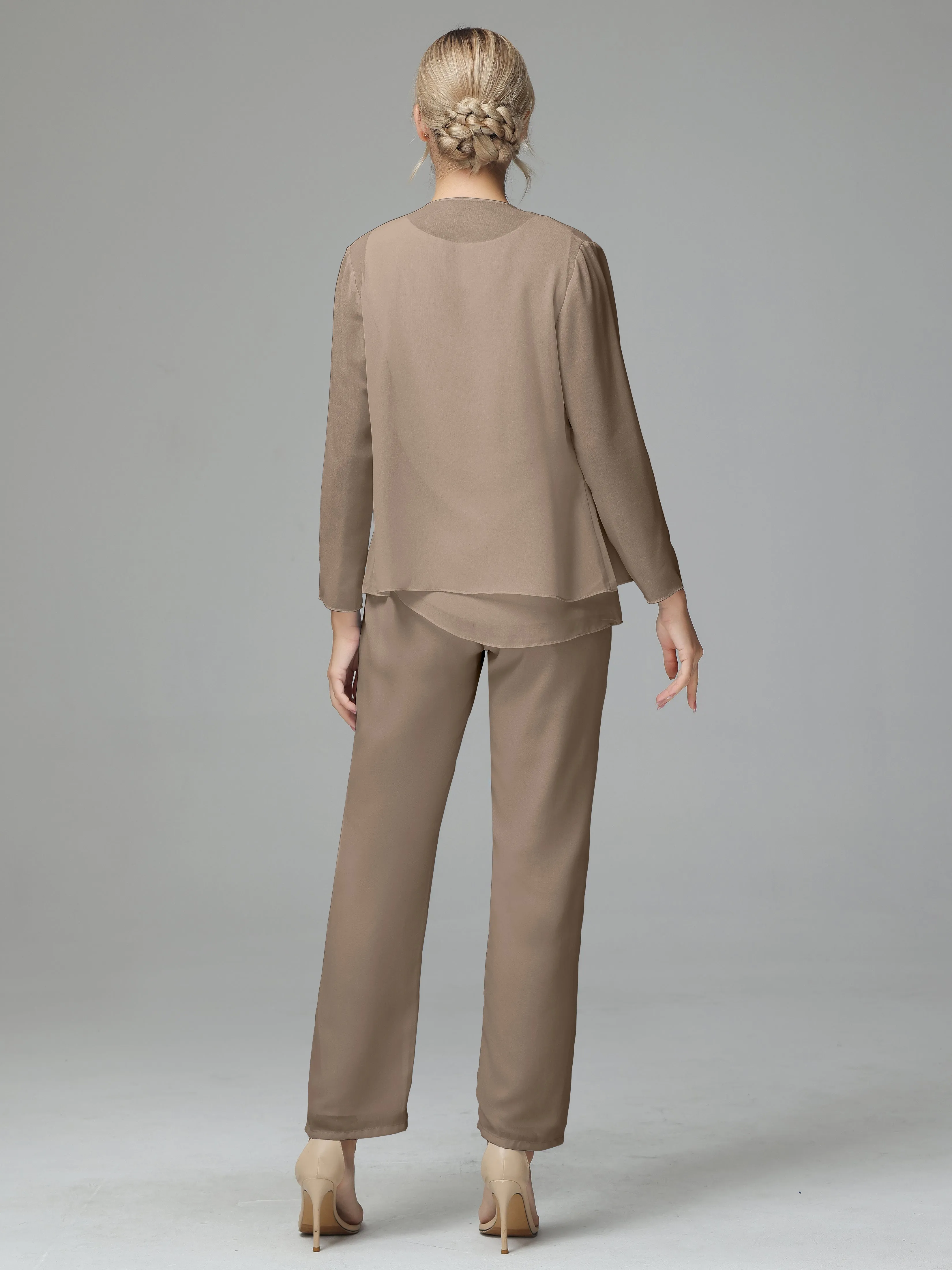 Long Sleeves 3 Pieces Chiffon Mother of Bride Dress Pant Suits