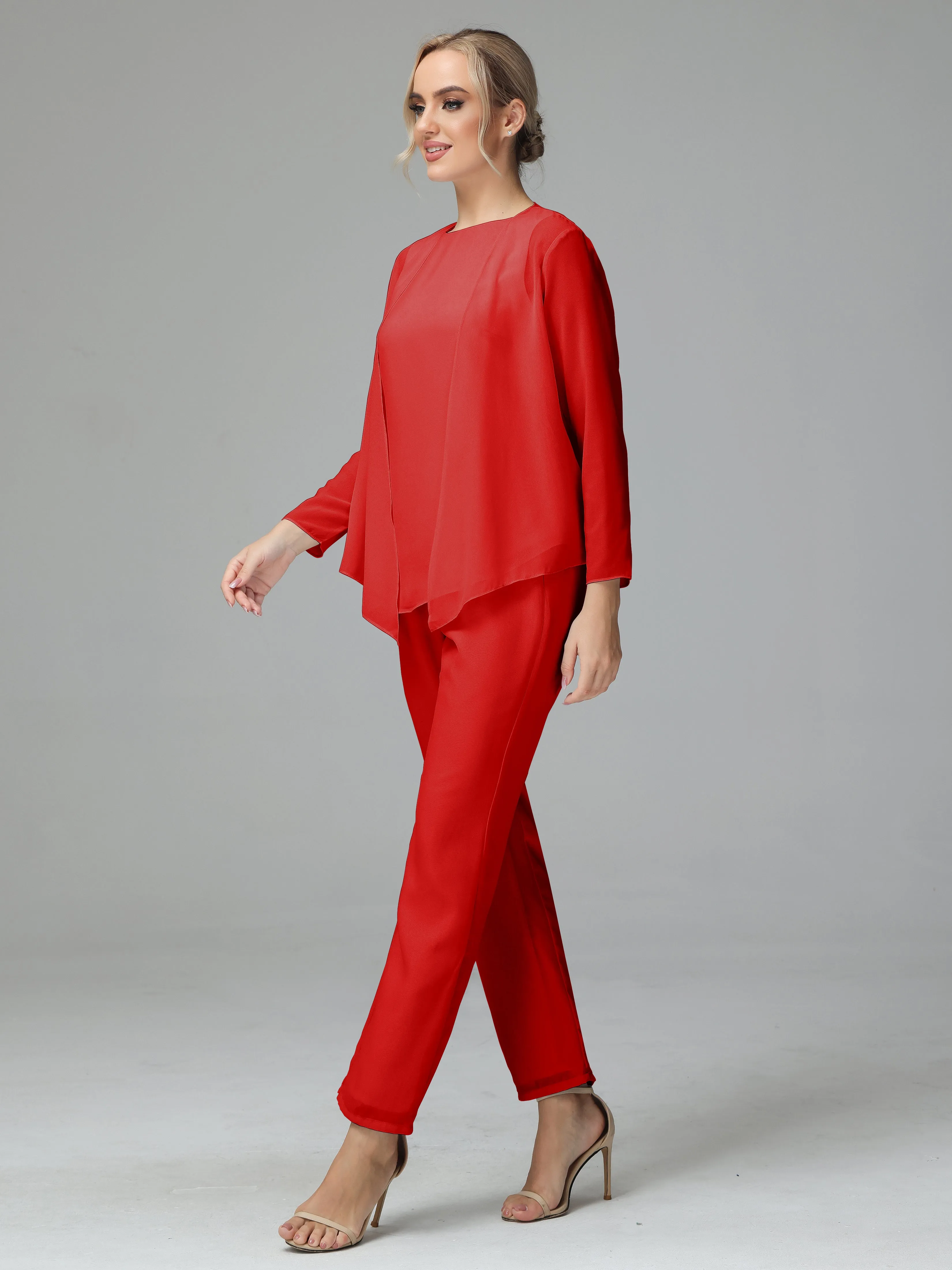 Long Sleeves 3 Pieces Chiffon Mother of Bride Dress Pant Suits