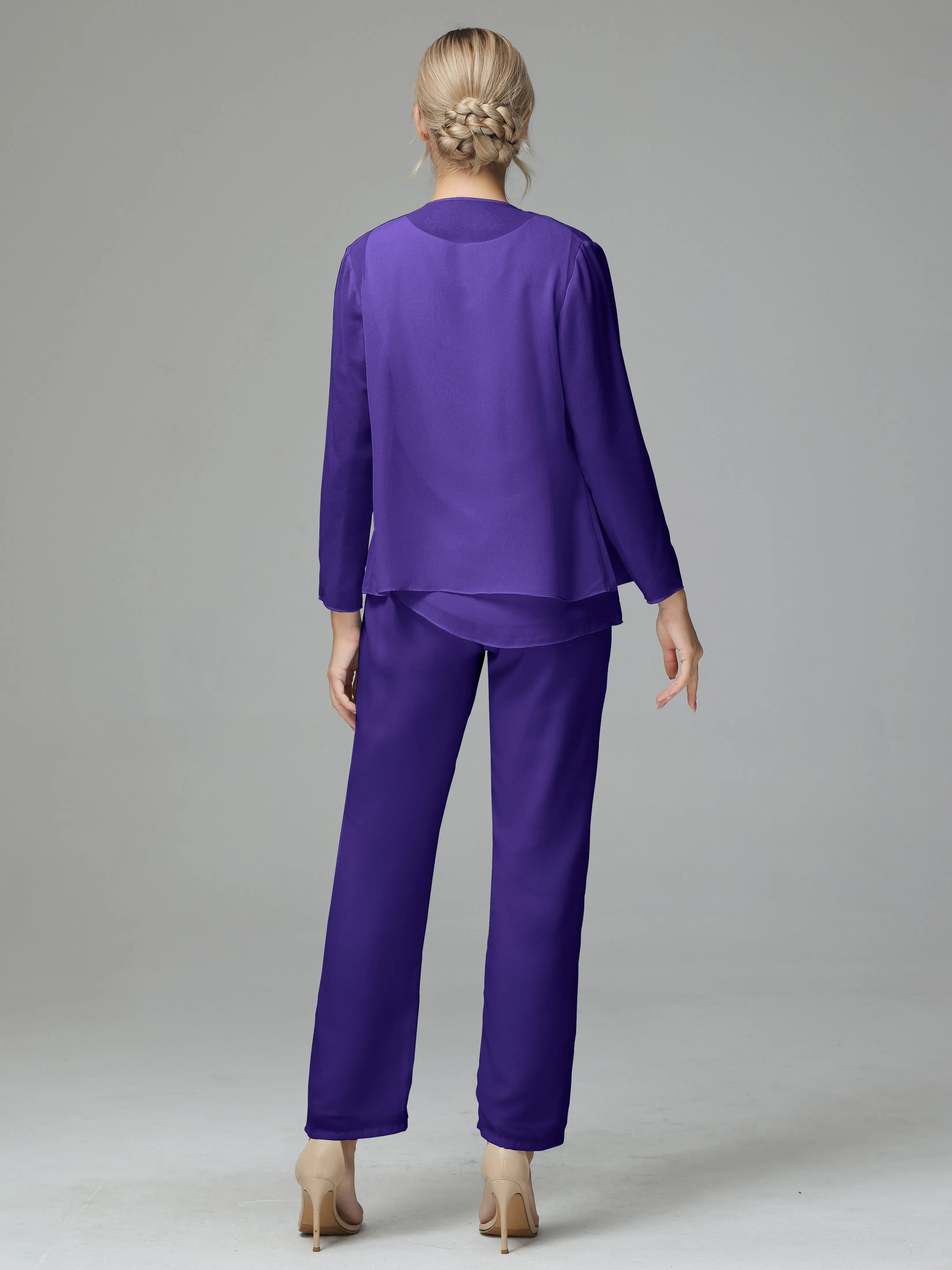 Long Sleeves 3 Pieces Chiffon Mother of Bride Dress Pant Suits