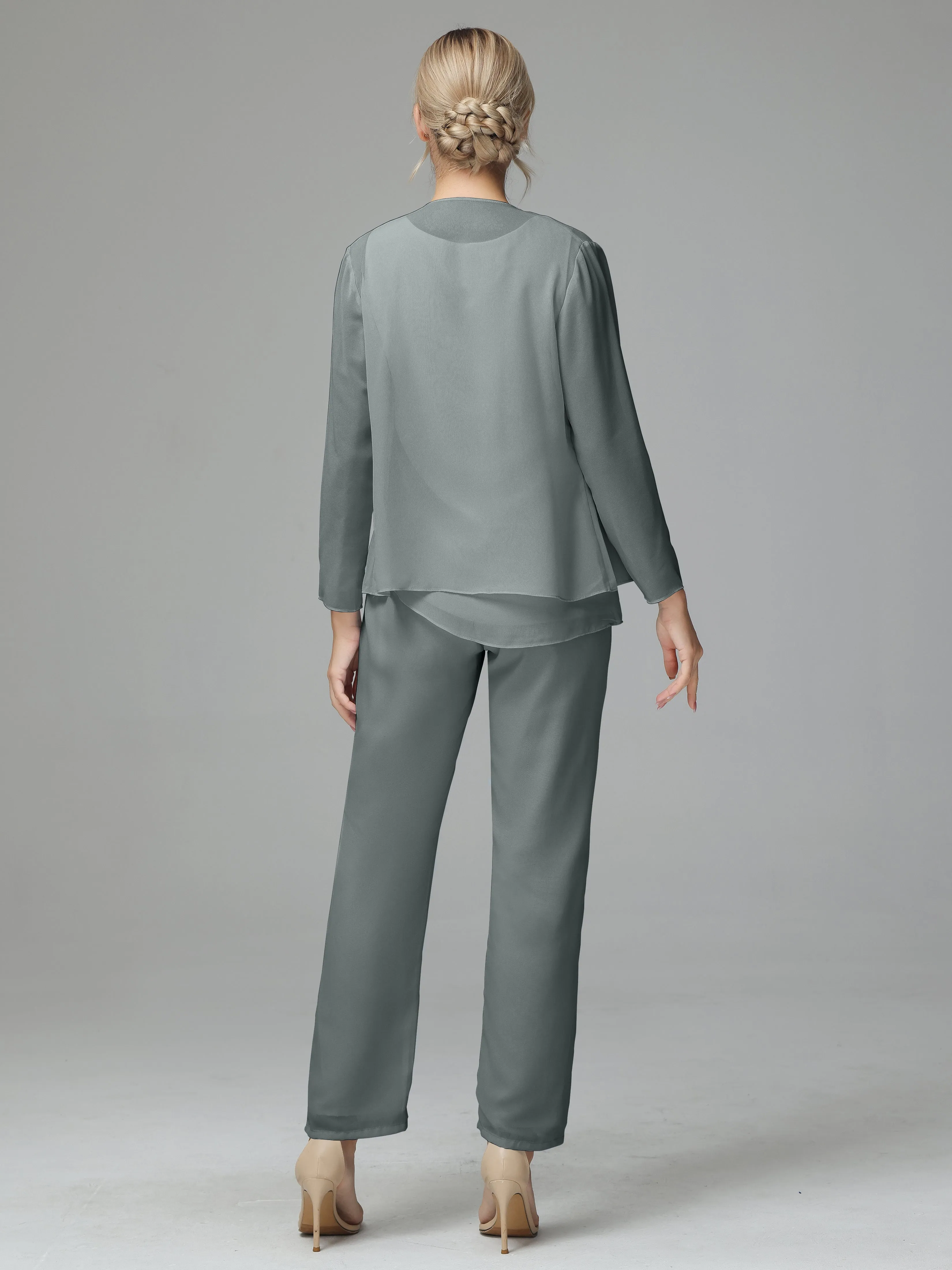 Long Sleeves 3 Pieces Chiffon Mother of Bride Dress Pant Suits