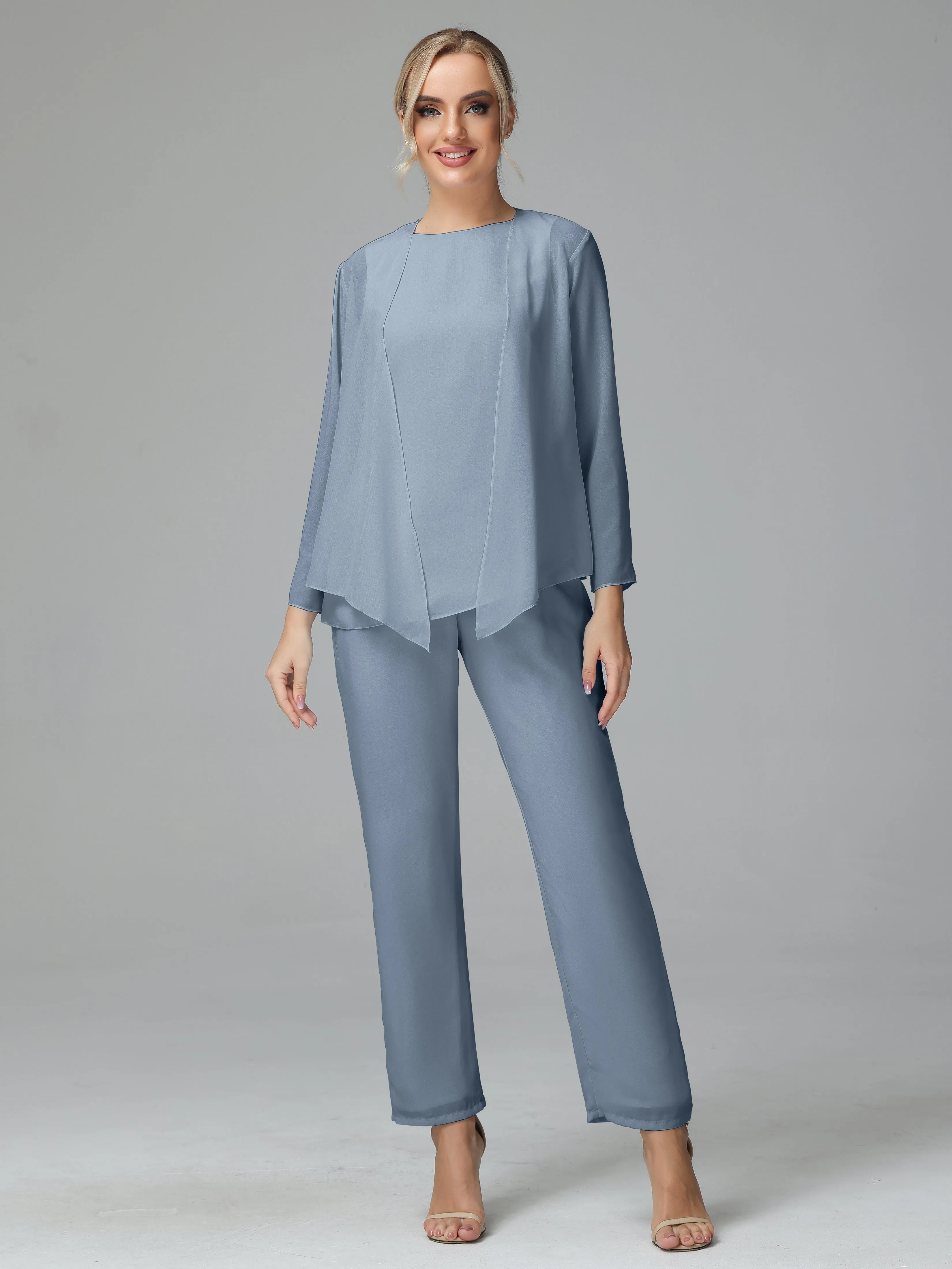Long Sleeves 3 Pieces Chiffon Mother of Bride Dress Pant Suits