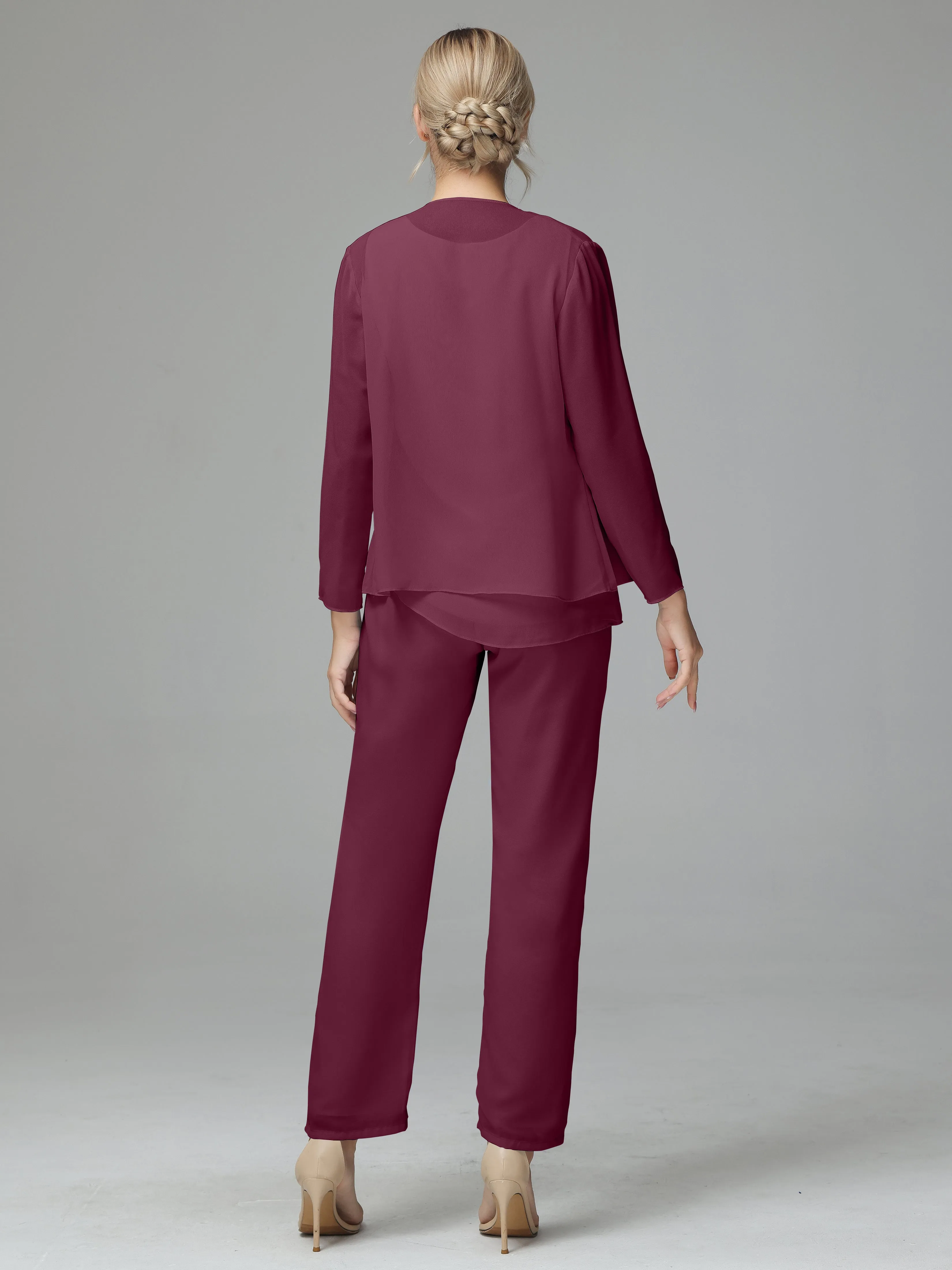 Long Sleeves 3 Pieces Chiffon Mother of Bride Dress Pant Suits