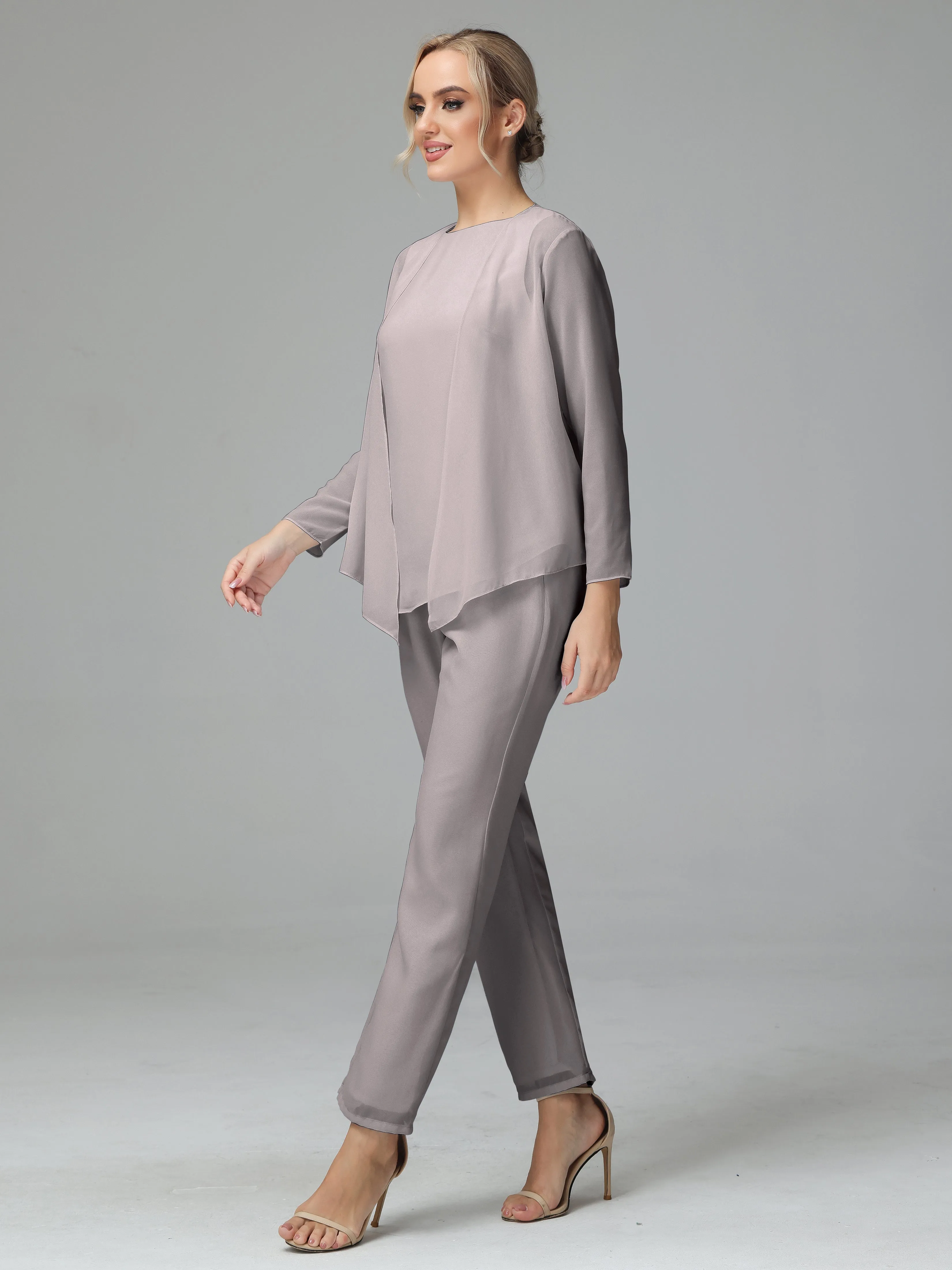 Long Sleeves 3 Pieces Chiffon Mother of Bride Dress Pant Suits