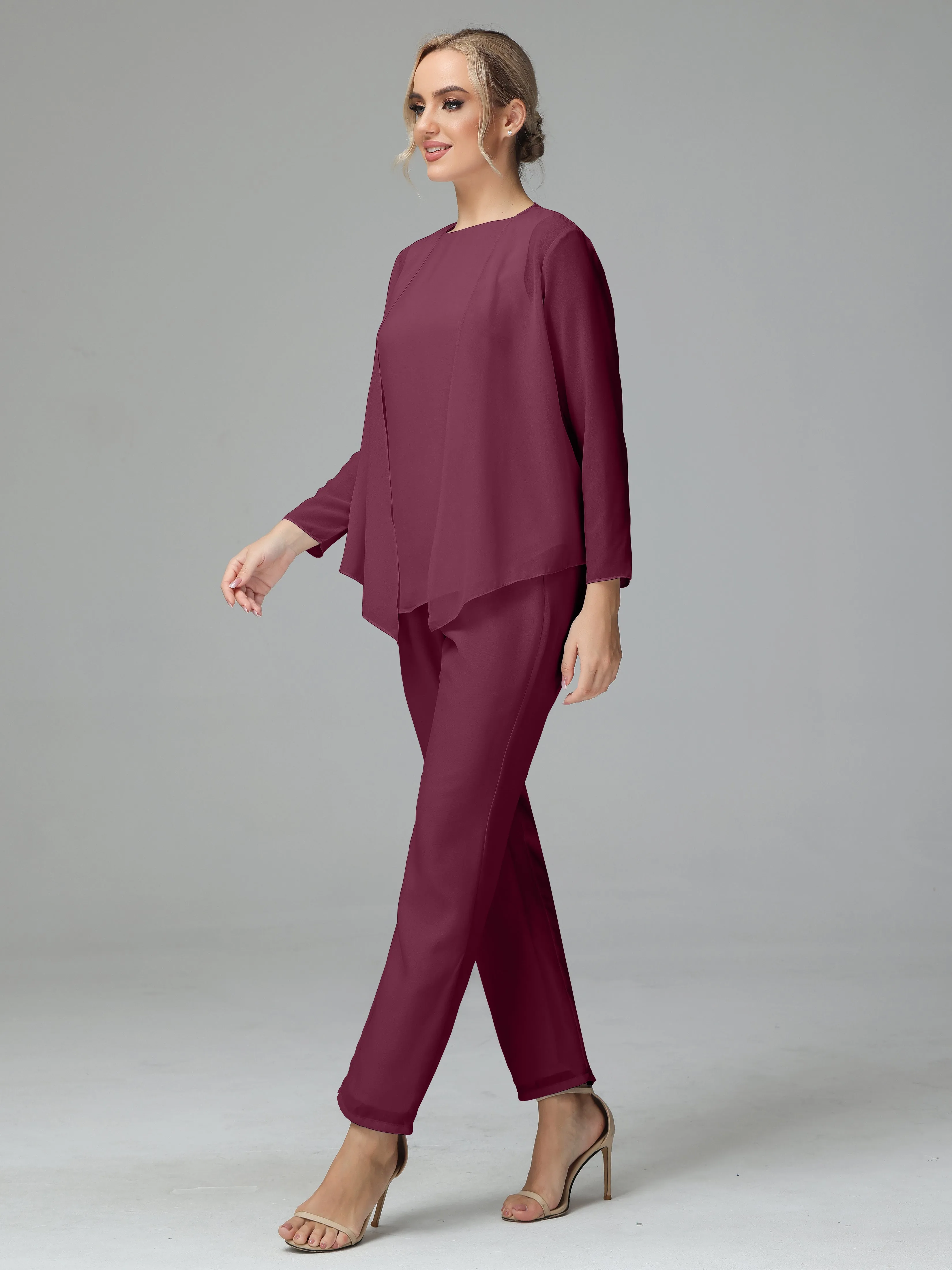 Long Sleeves 3 Pieces Chiffon Mother of Bride Dress Pant Suits