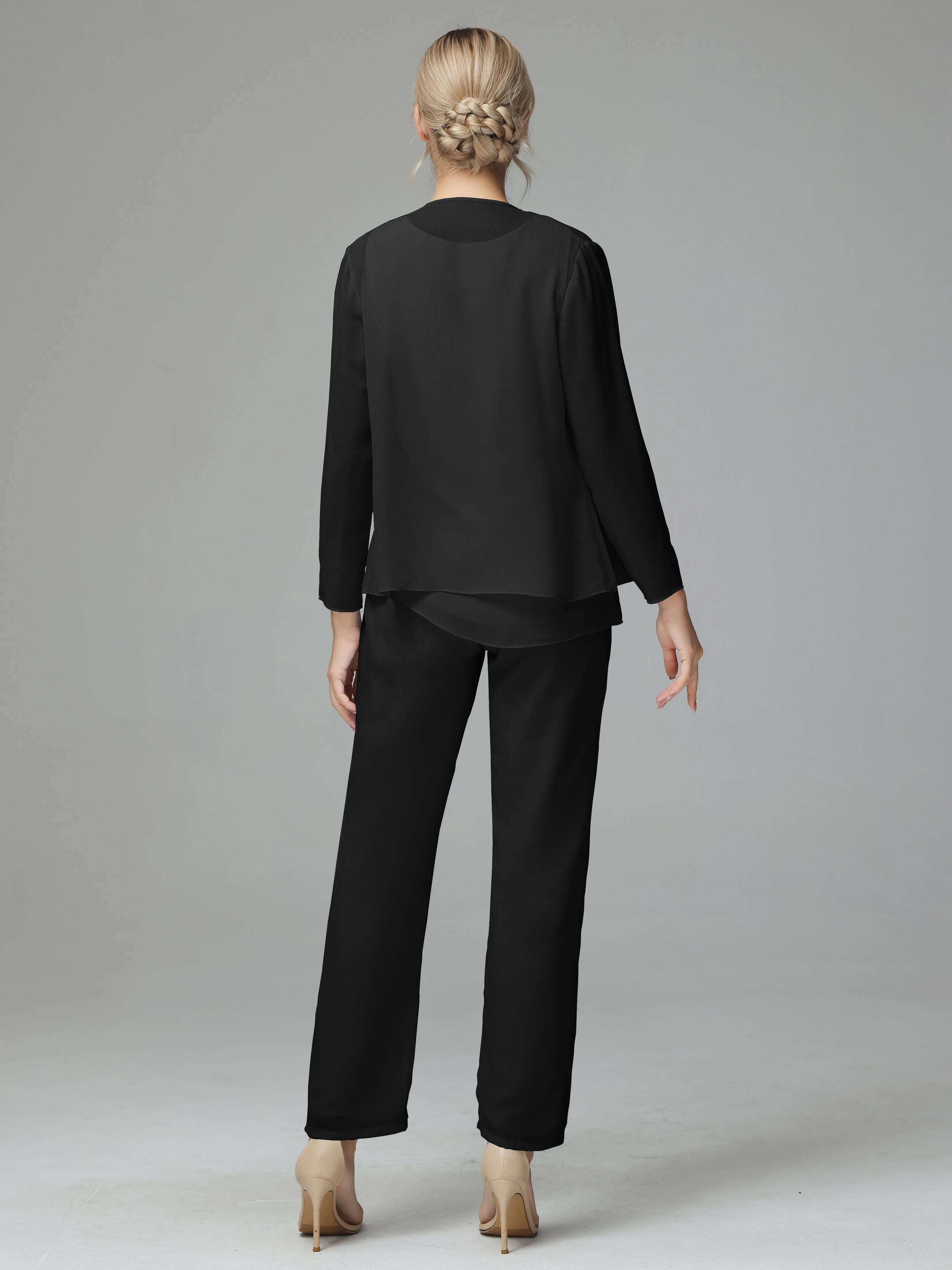 Long Sleeves 3 Pieces Chiffon Mother of Bride Dress Pant Suits