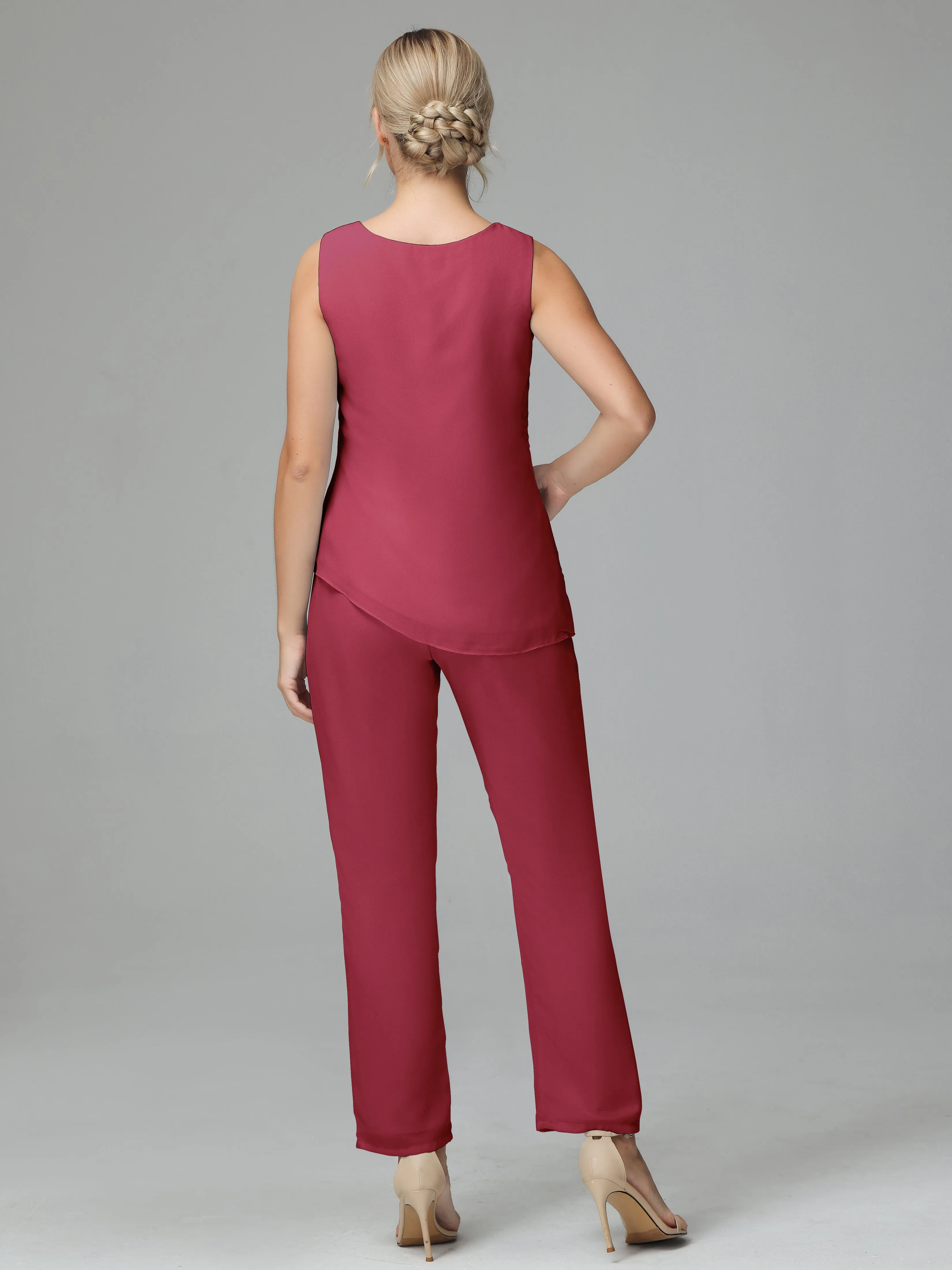 Long Sleeves 3 Pieces Chiffon Mother of Bride Dress Pant Suits