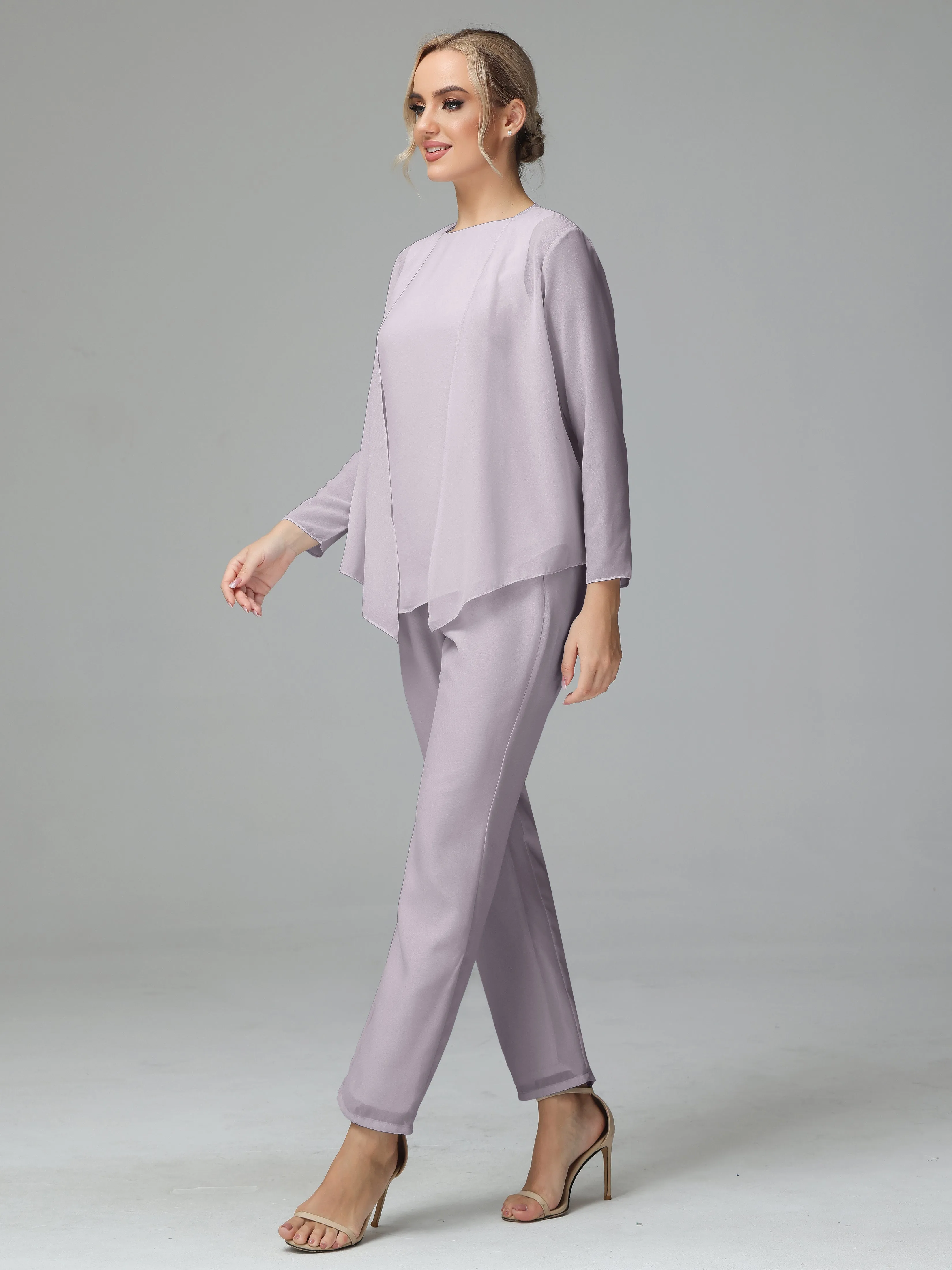 Long Sleeves 3 Pieces Chiffon Mother of Bride Dress Pant Suits