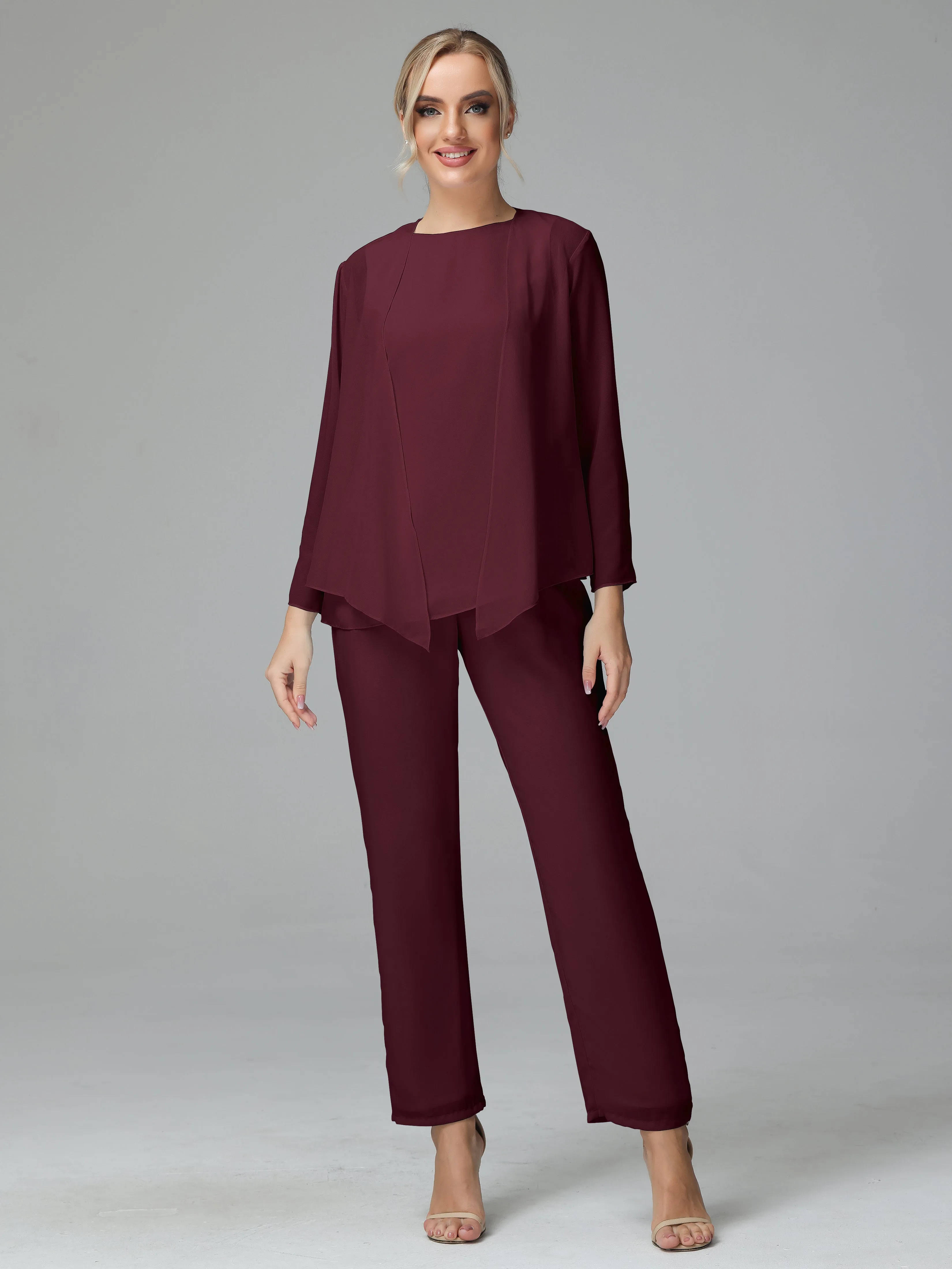 Long Sleeves 3 Pieces Chiffon Mother of Bride Dress Pant Suits