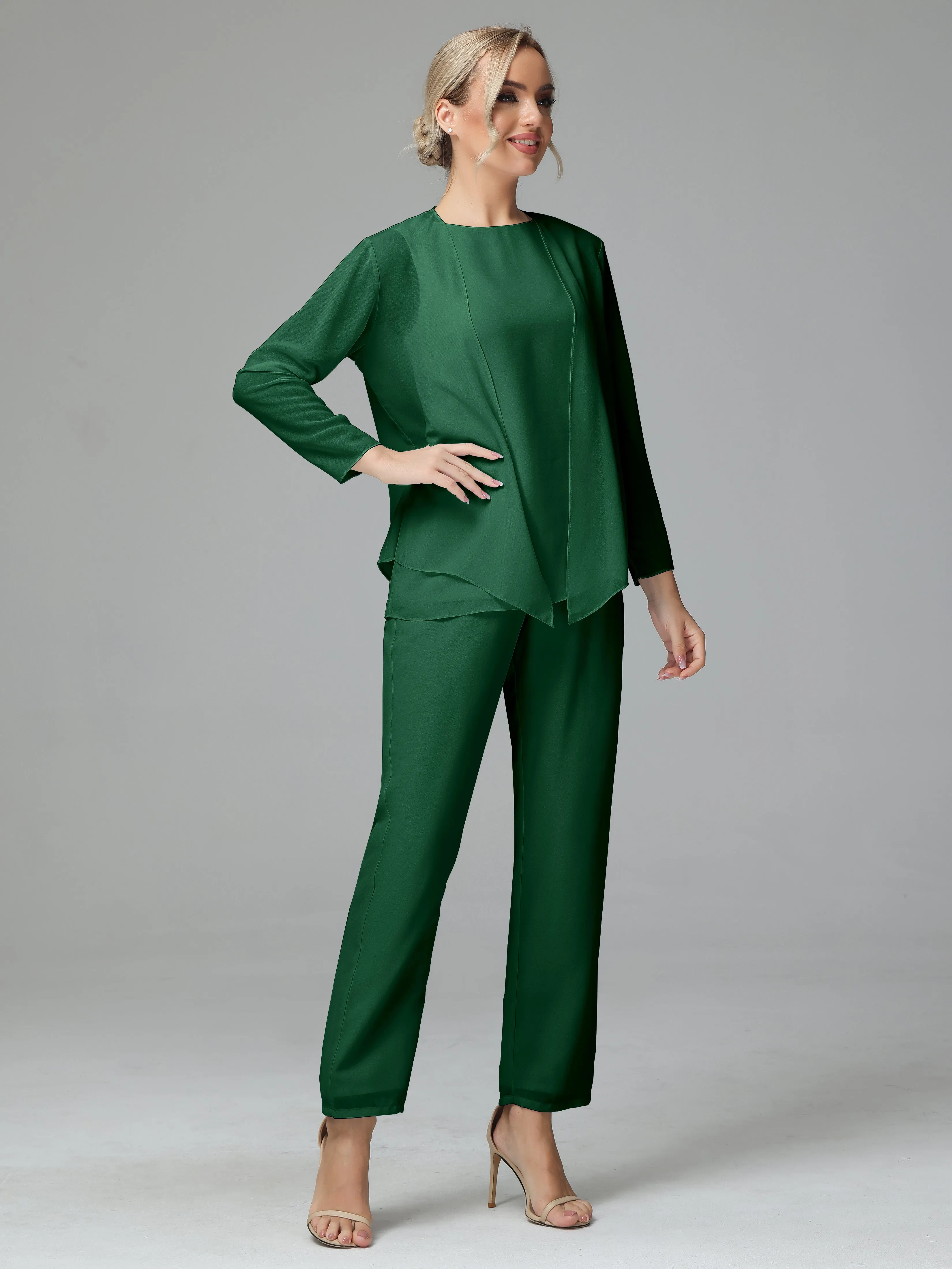 Long Sleeves 3 Pieces Chiffon Mother of Bride Dress Pant Suits