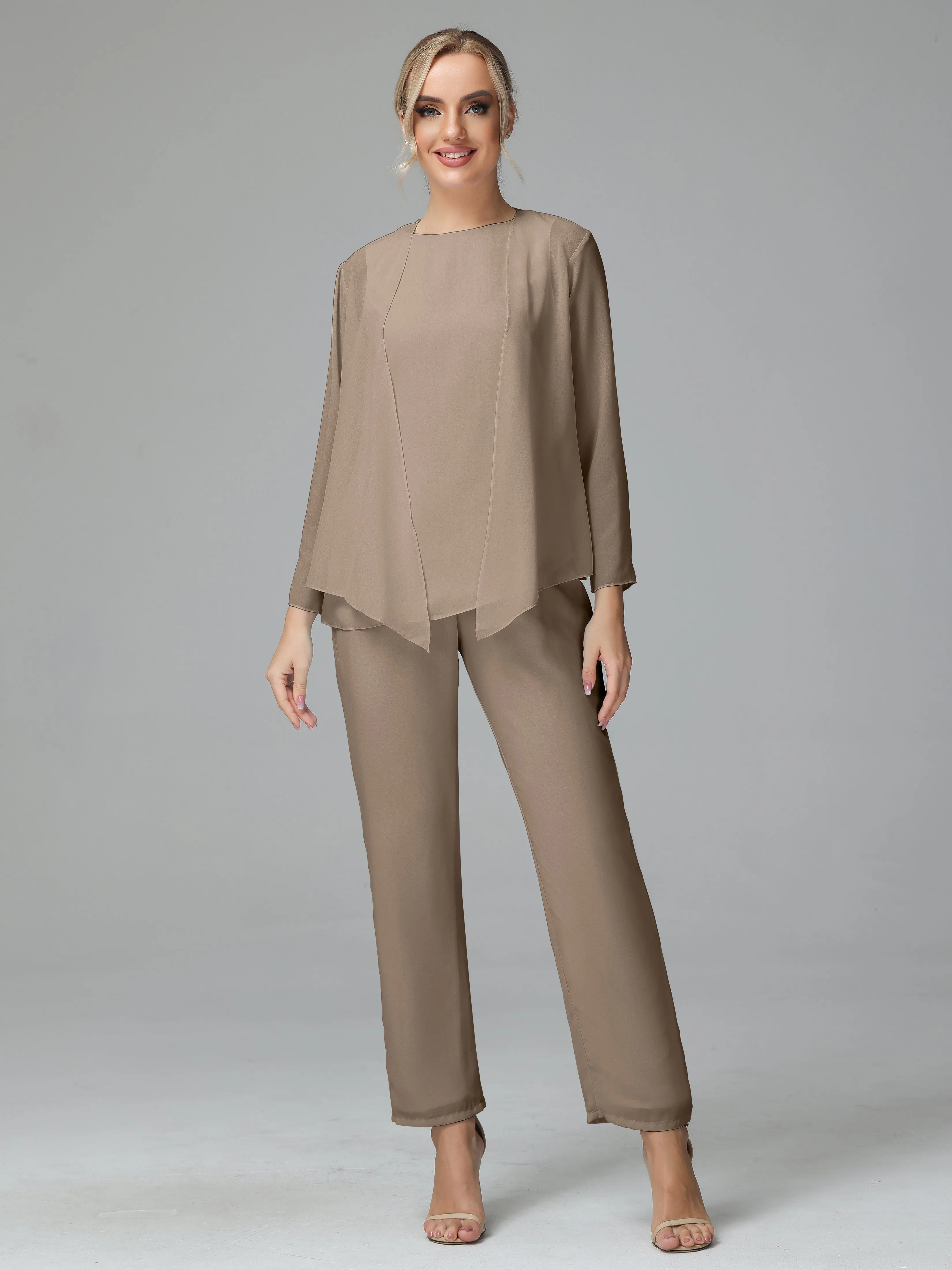 Long Sleeves 3 Pieces Chiffon Mother of Bride Dress Pant Suits