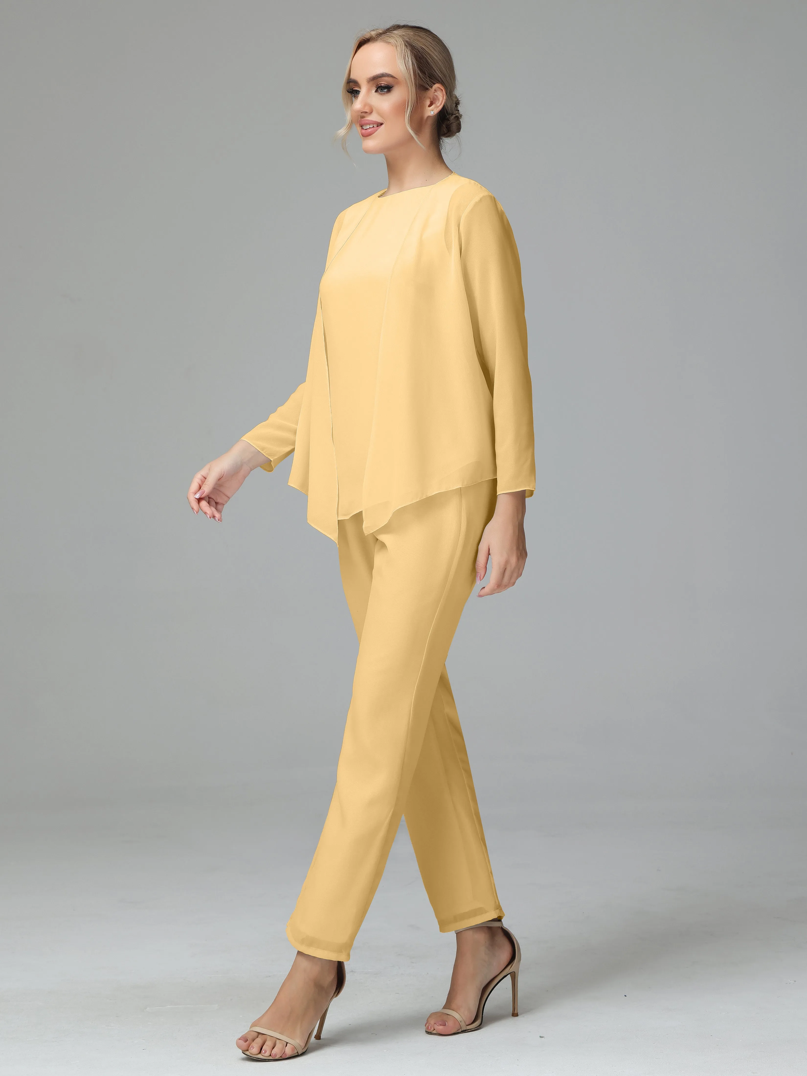 Long Sleeves 3 Pieces Chiffon Mother of Bride Dress Pant Suits
