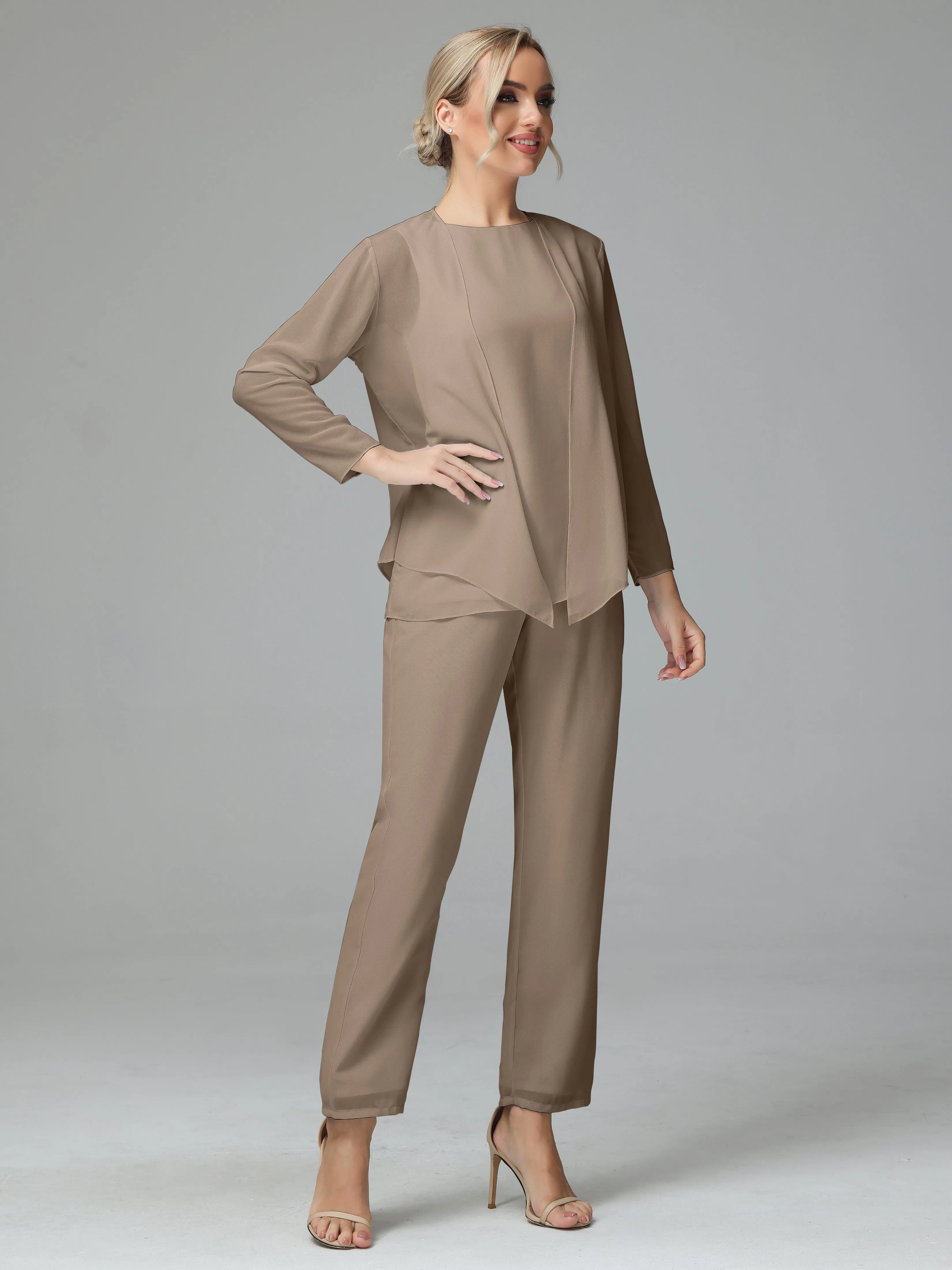 Long Sleeves 3 Pieces Chiffon Mother of Bride Dress Pant Suits