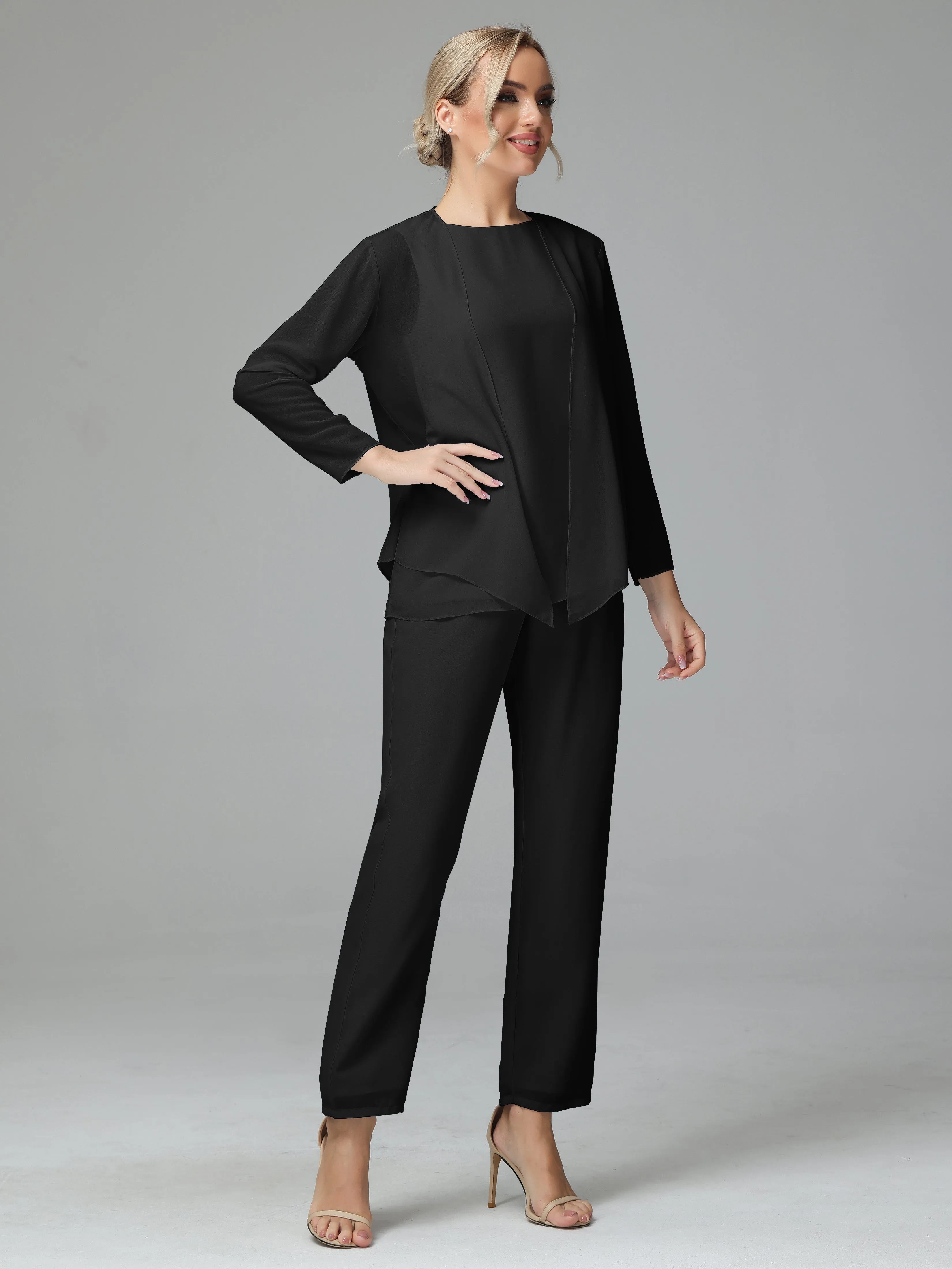 Long Sleeves 3 Pieces Chiffon Mother of Bride Dress Pant Suits