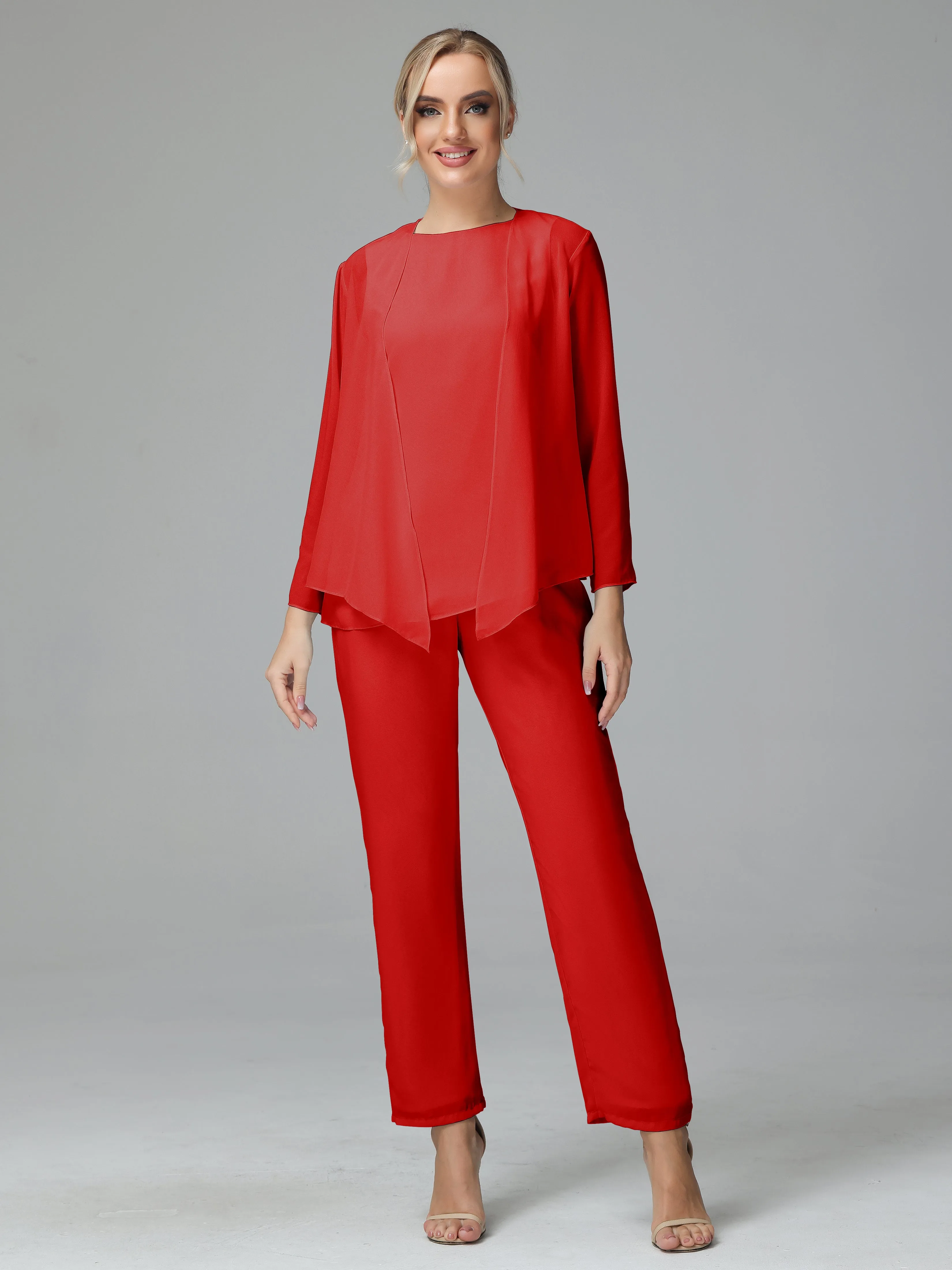 Long Sleeves 3 Pieces Chiffon Mother of Bride Dress Pant Suits