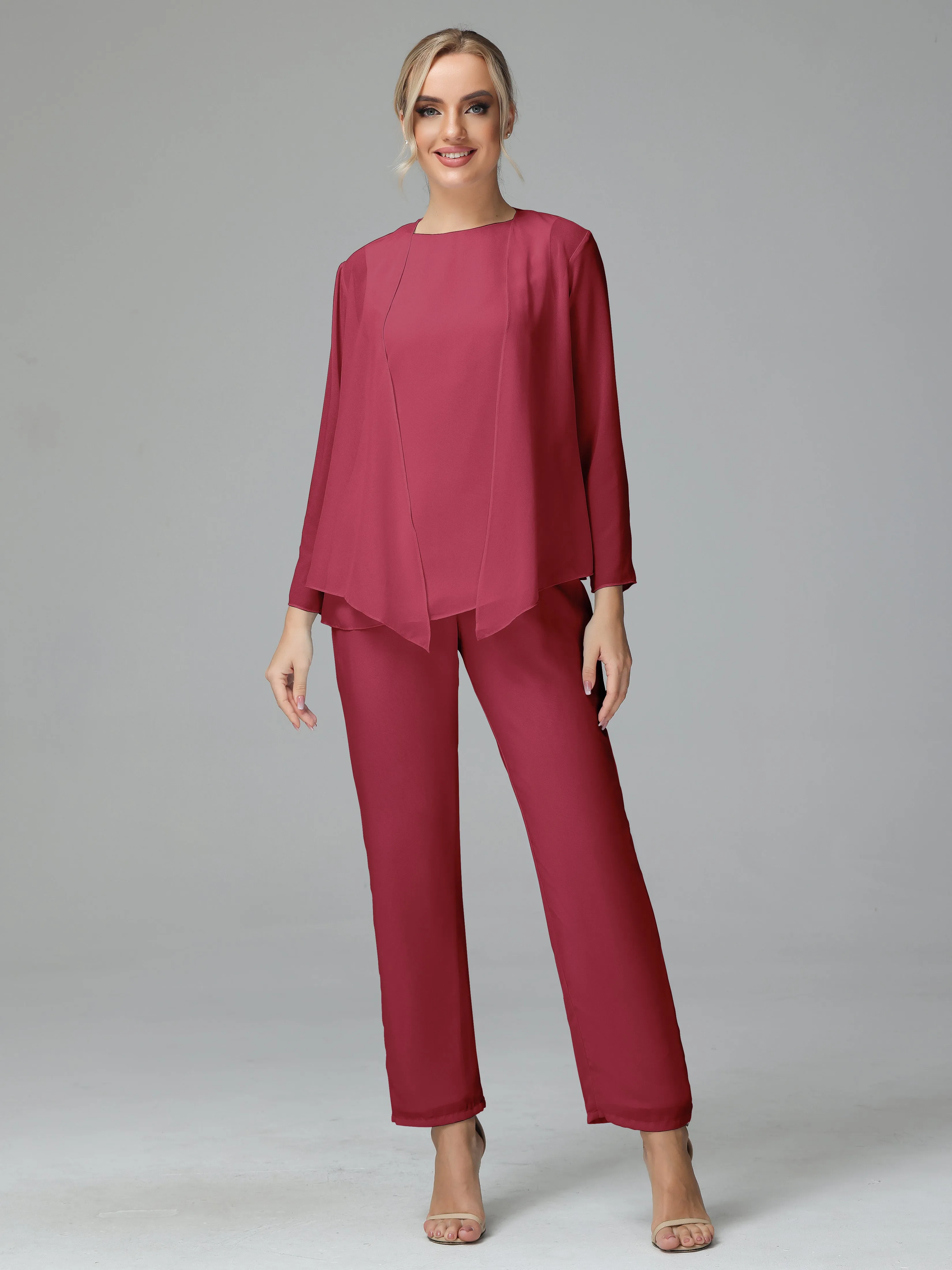 Long Sleeves 3 Pieces Chiffon Mother of Bride Dress Pant Suits