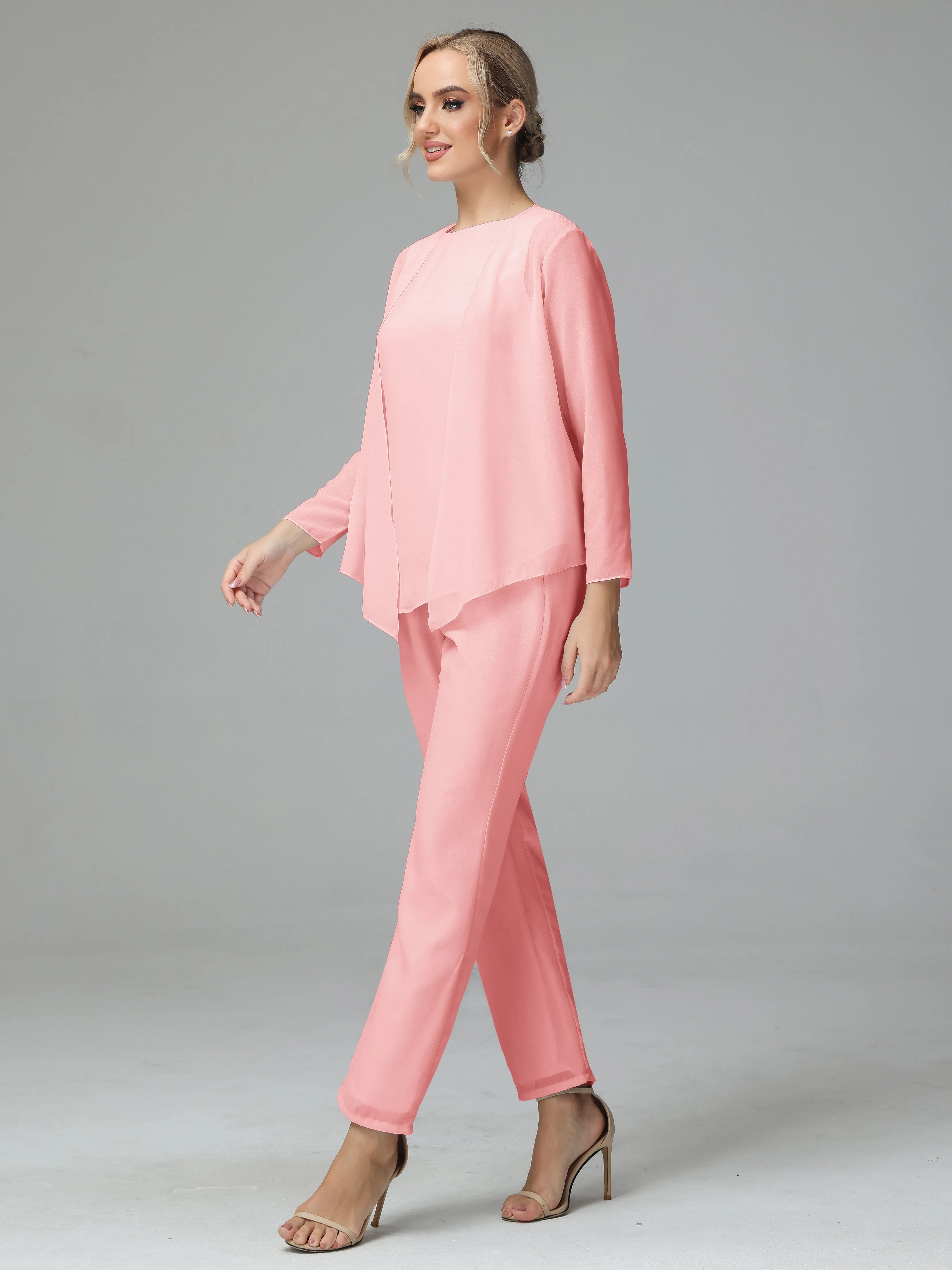 Long Sleeves 3 Pieces Chiffon Mother of Bride Dress Pant Suits