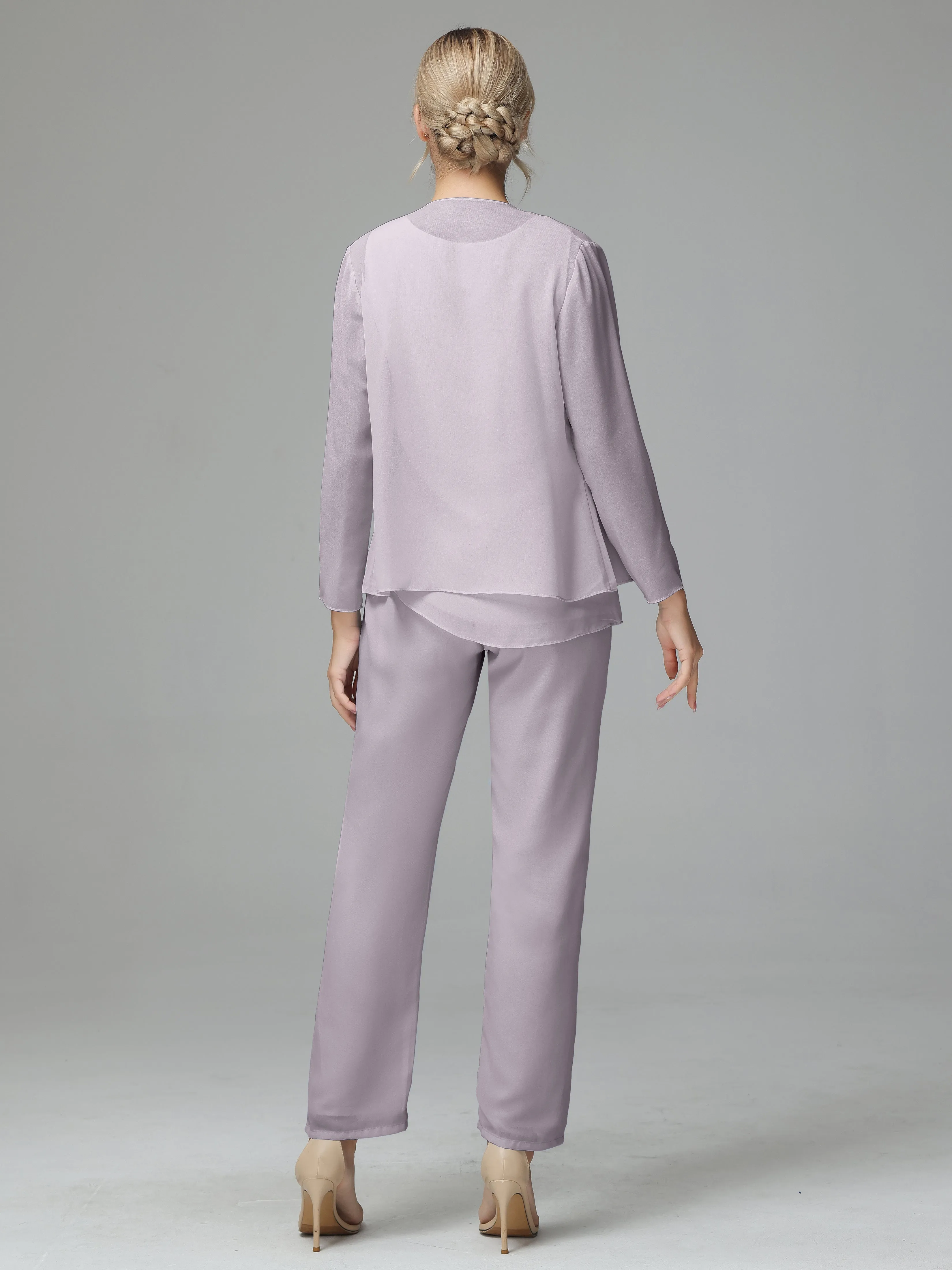 Long Sleeves 3 Pieces Chiffon Mother of Bride Dress Pant Suits