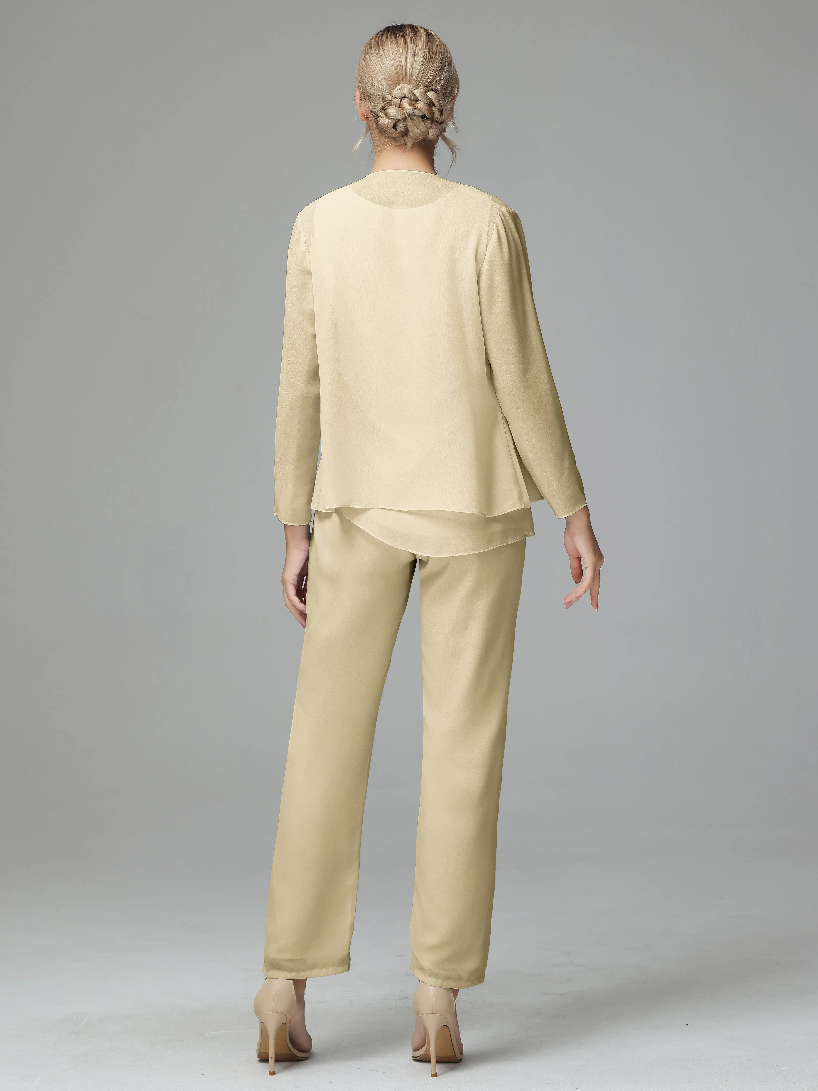 Long Sleeves 3 Pieces Chiffon Mother of Bride Dress Pant Suits