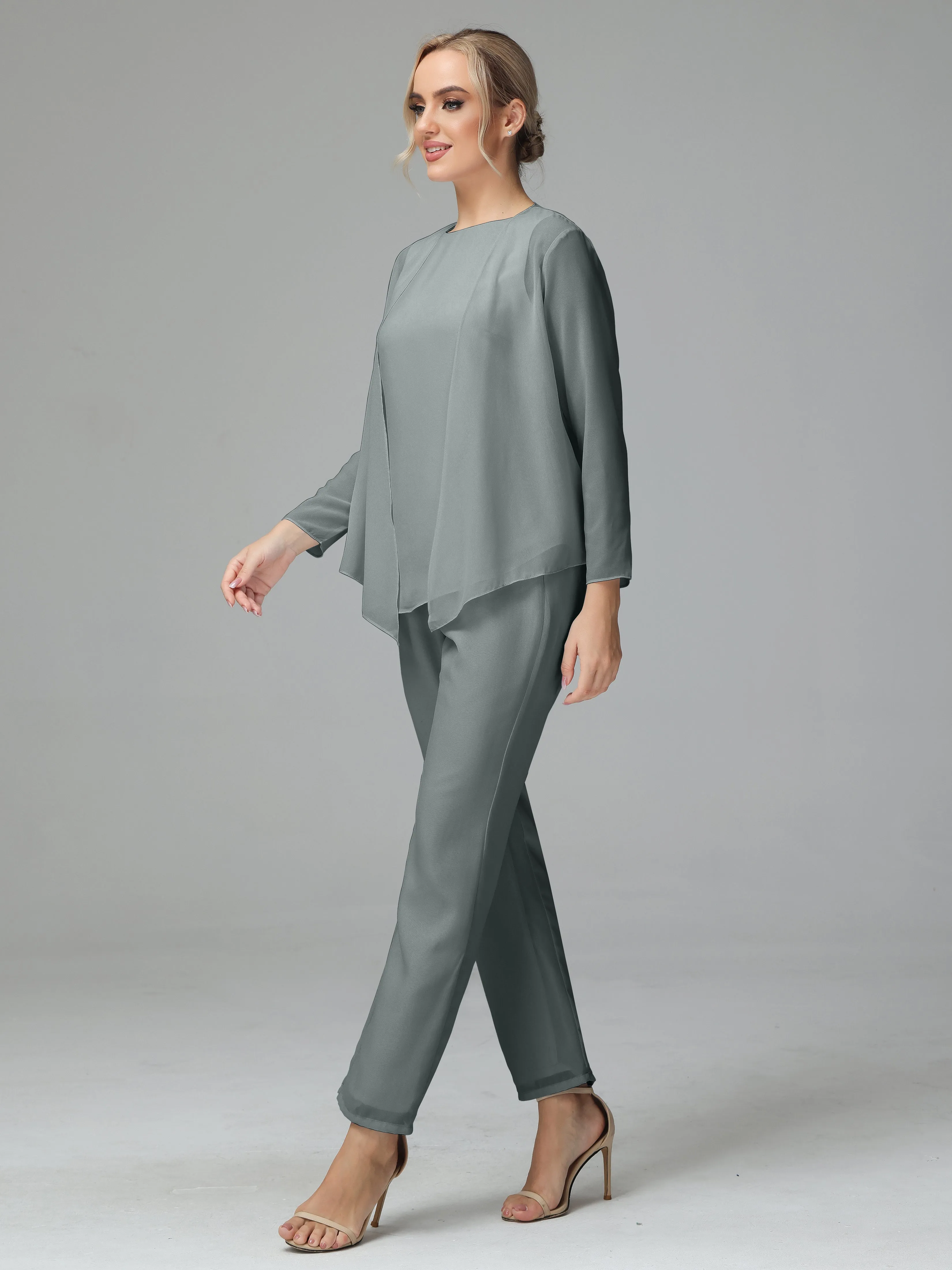 Long Sleeves 3 Pieces Chiffon Mother of Bride Dress Pant Suits