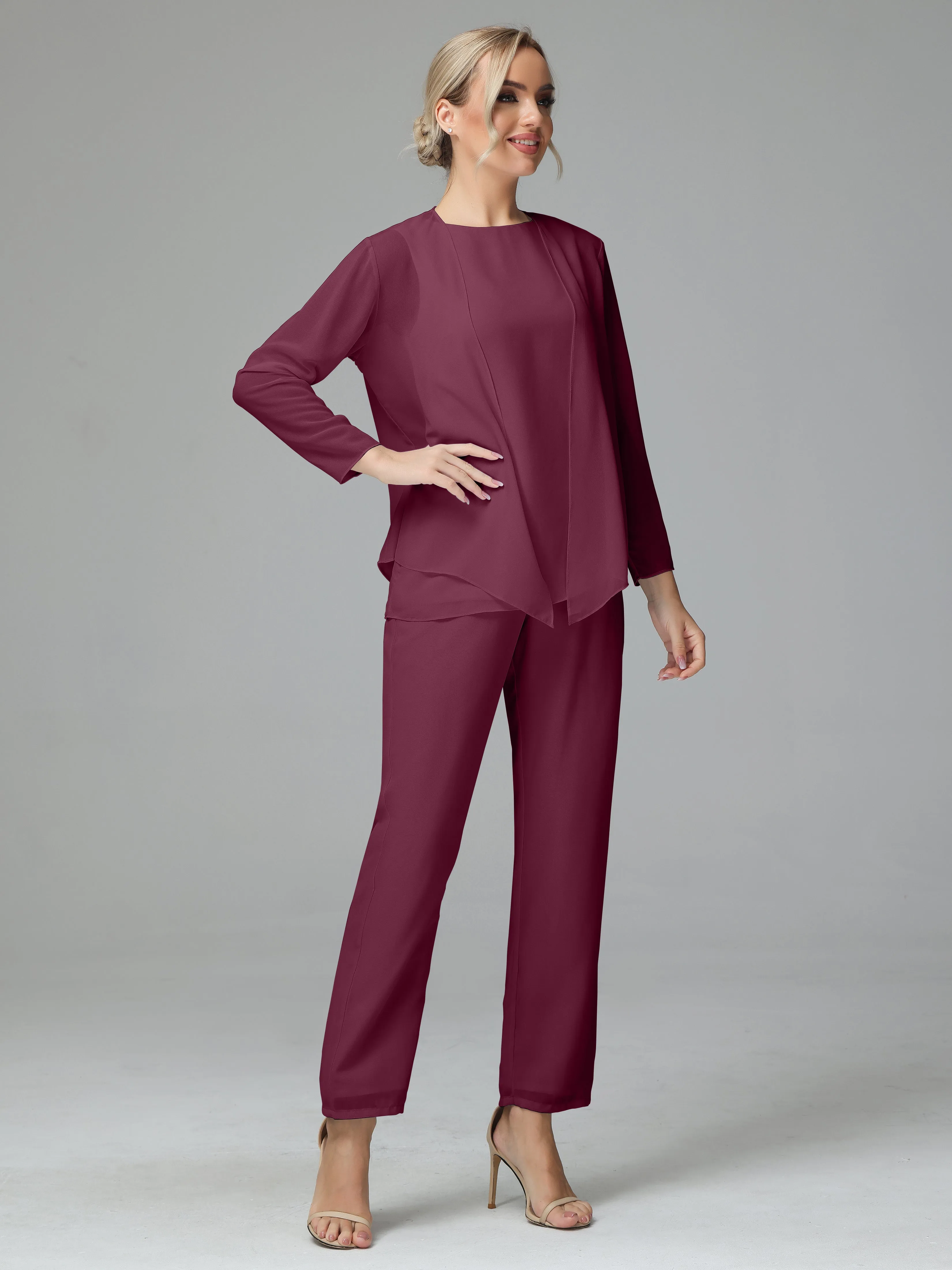 Long Sleeves 3 Pieces Chiffon Mother of Bride Dress Pant Suits