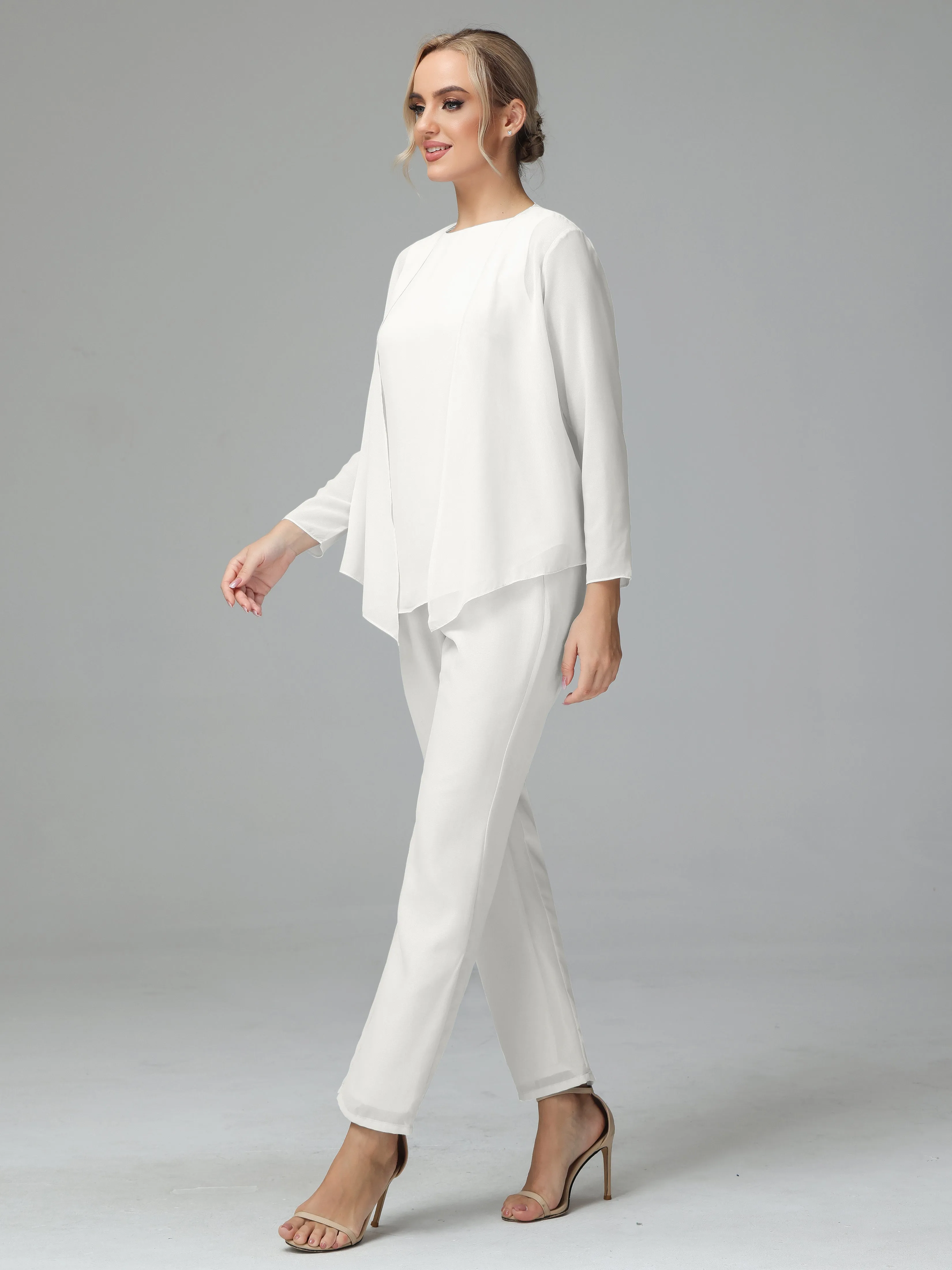 Long Sleeves 3 Pieces Chiffon Mother of Bride Dress Pant Suits