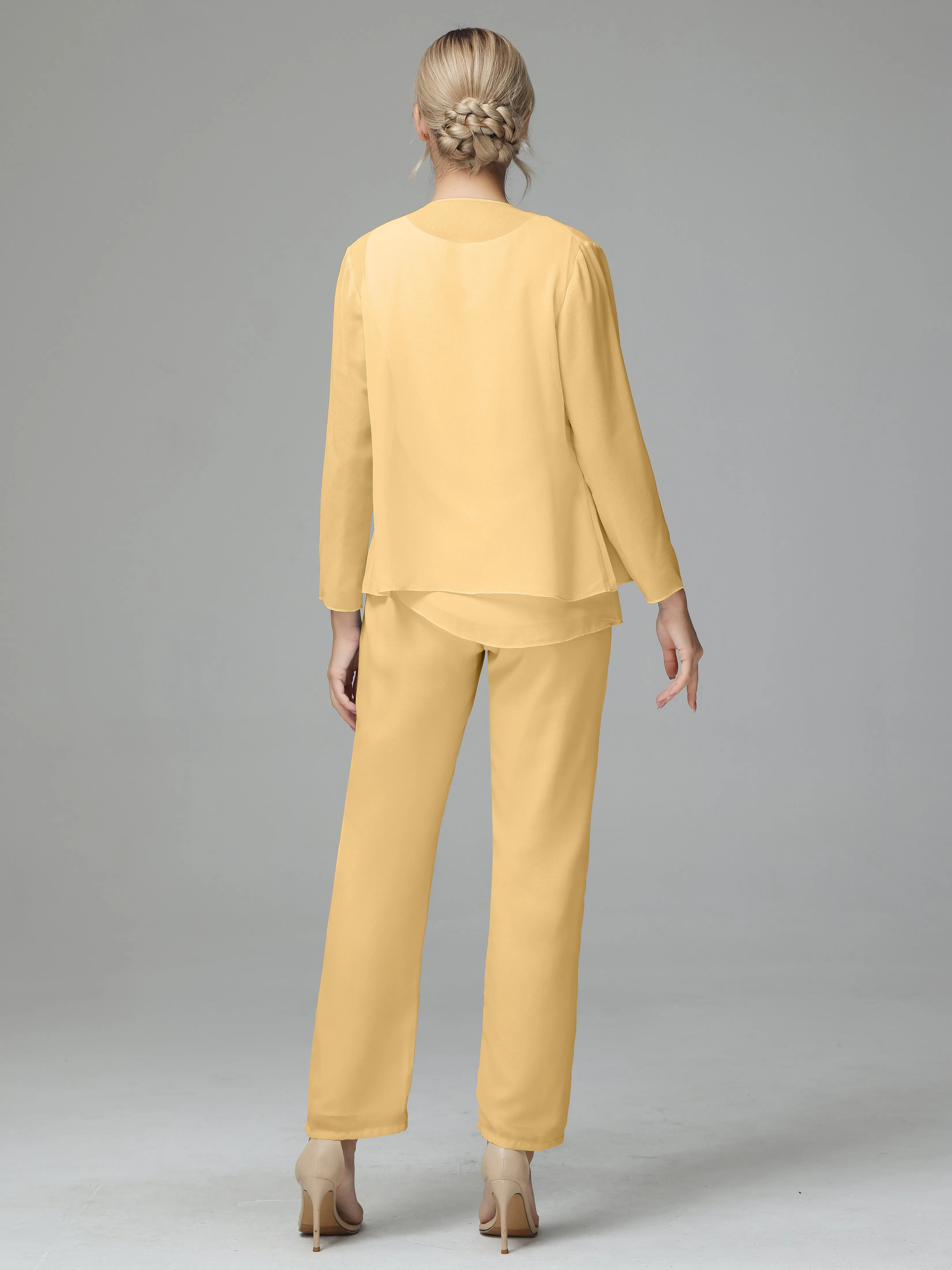 Long Sleeves 3 Pieces Chiffon Mother of Bride Dress Pant Suits