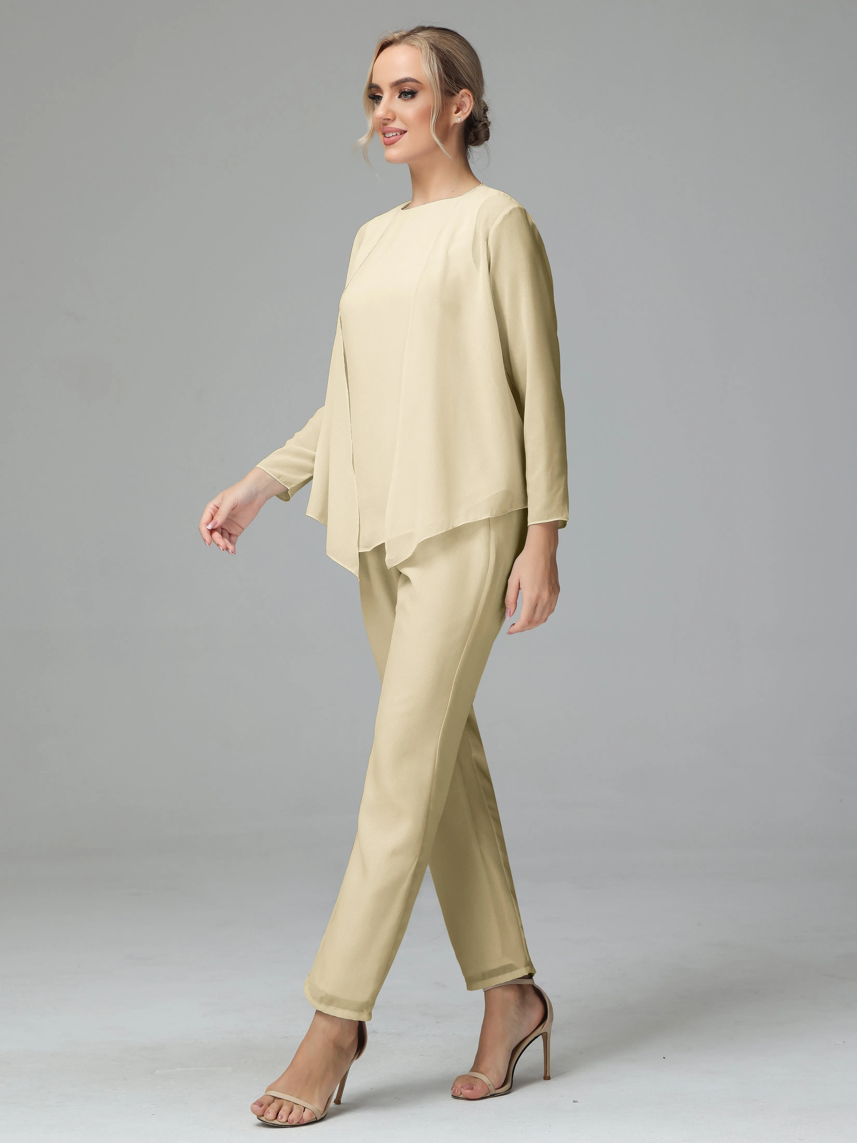 Long Sleeves 3 Pieces Chiffon Mother of Bride Dress Pant Suits