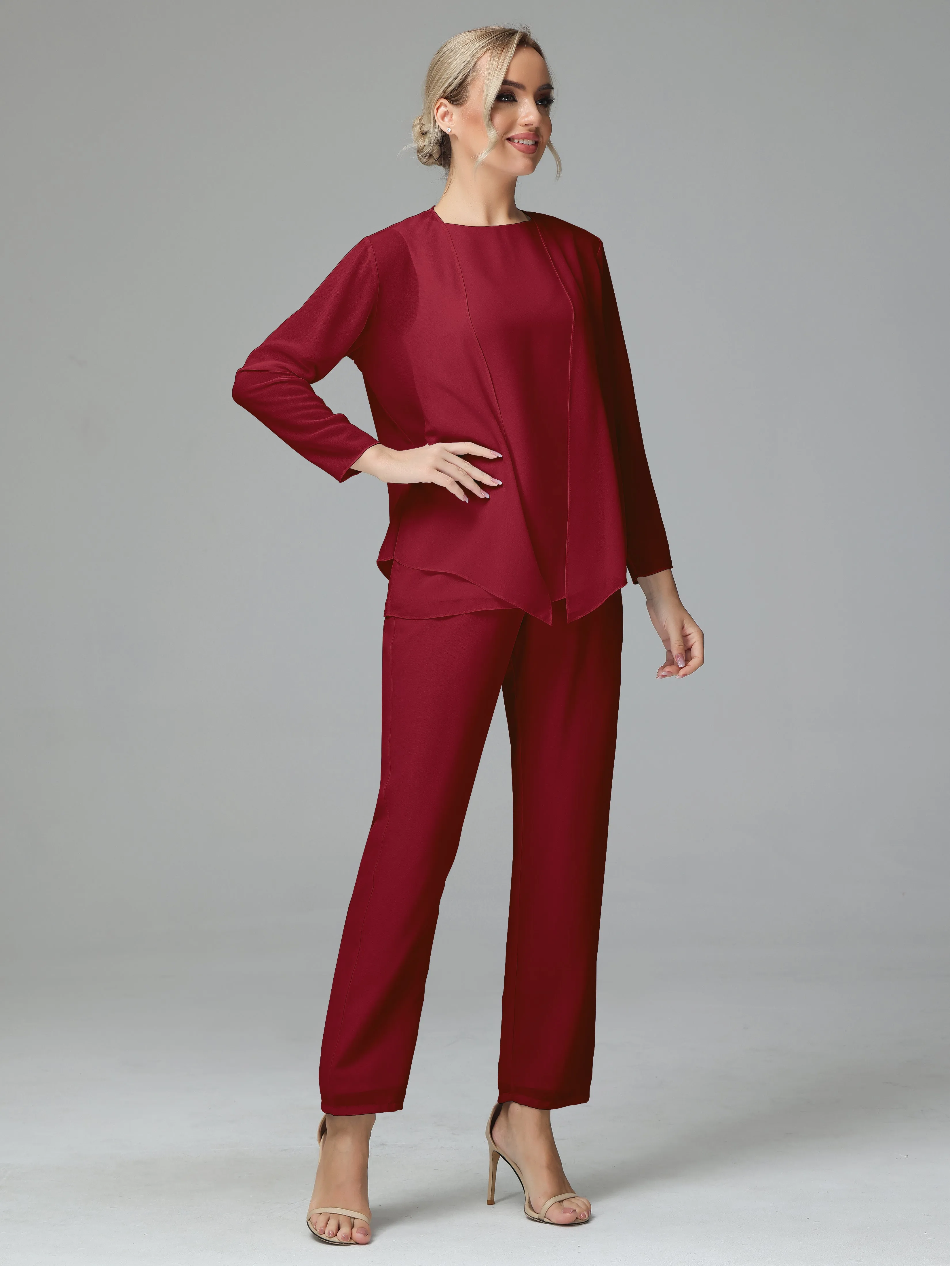 Long Sleeves 3 Pieces Chiffon Mother of Bride Dress Pant Suits