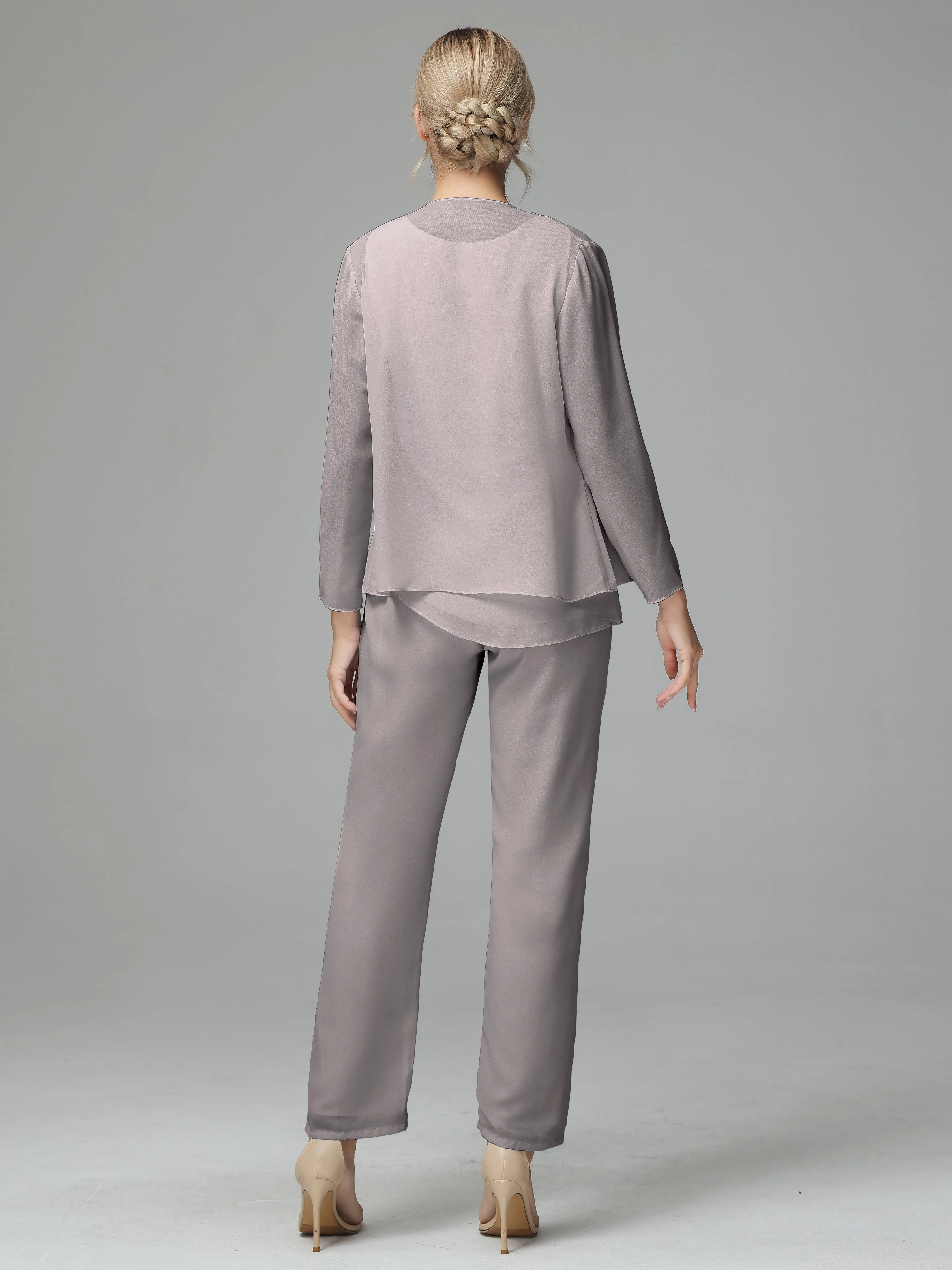 Long Sleeves 3 Pieces Chiffon Mother of Bride Dress Pant Suits