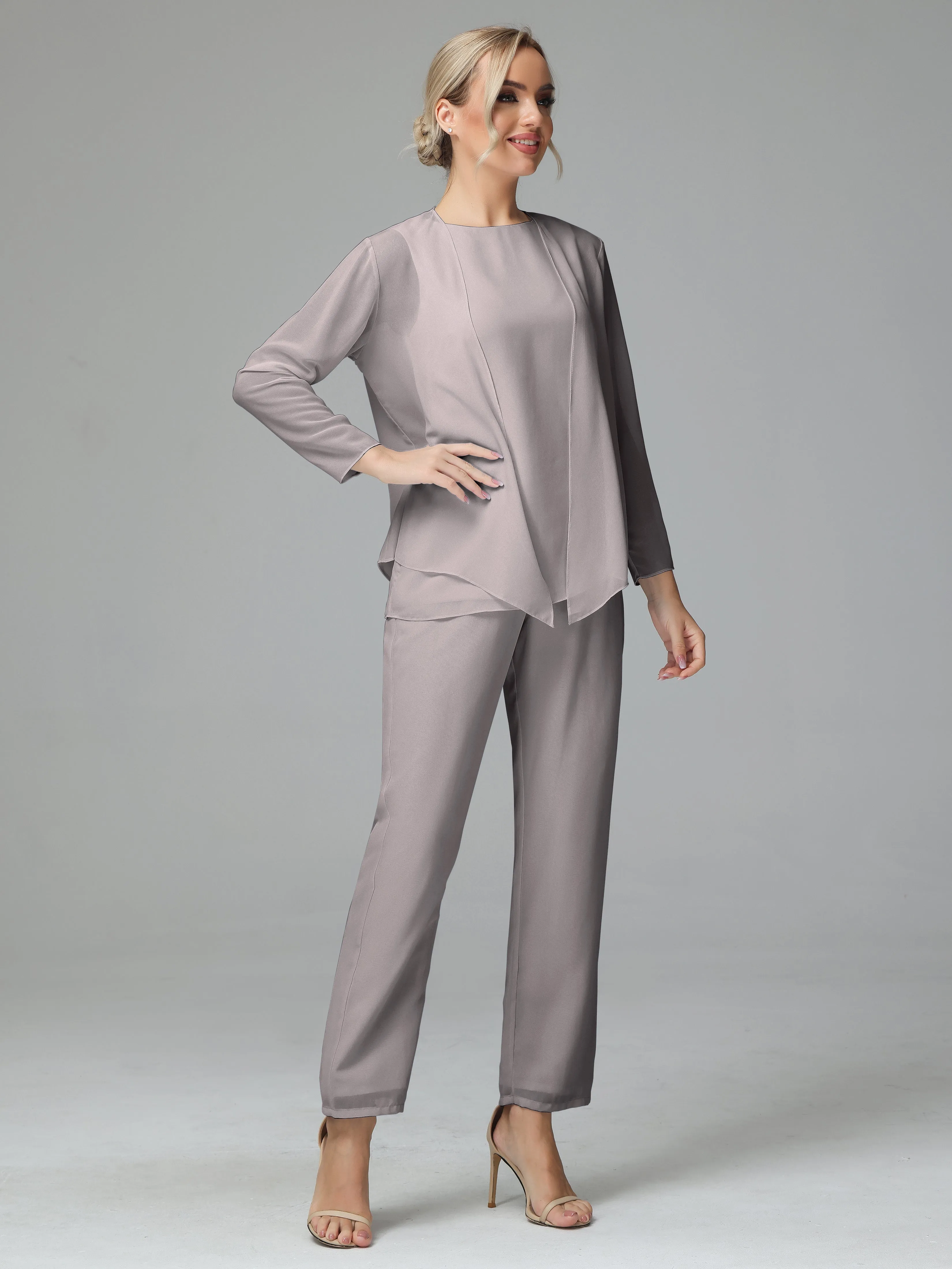 Long Sleeves 3 Pieces Chiffon Mother of Bride Dress Pant Suits