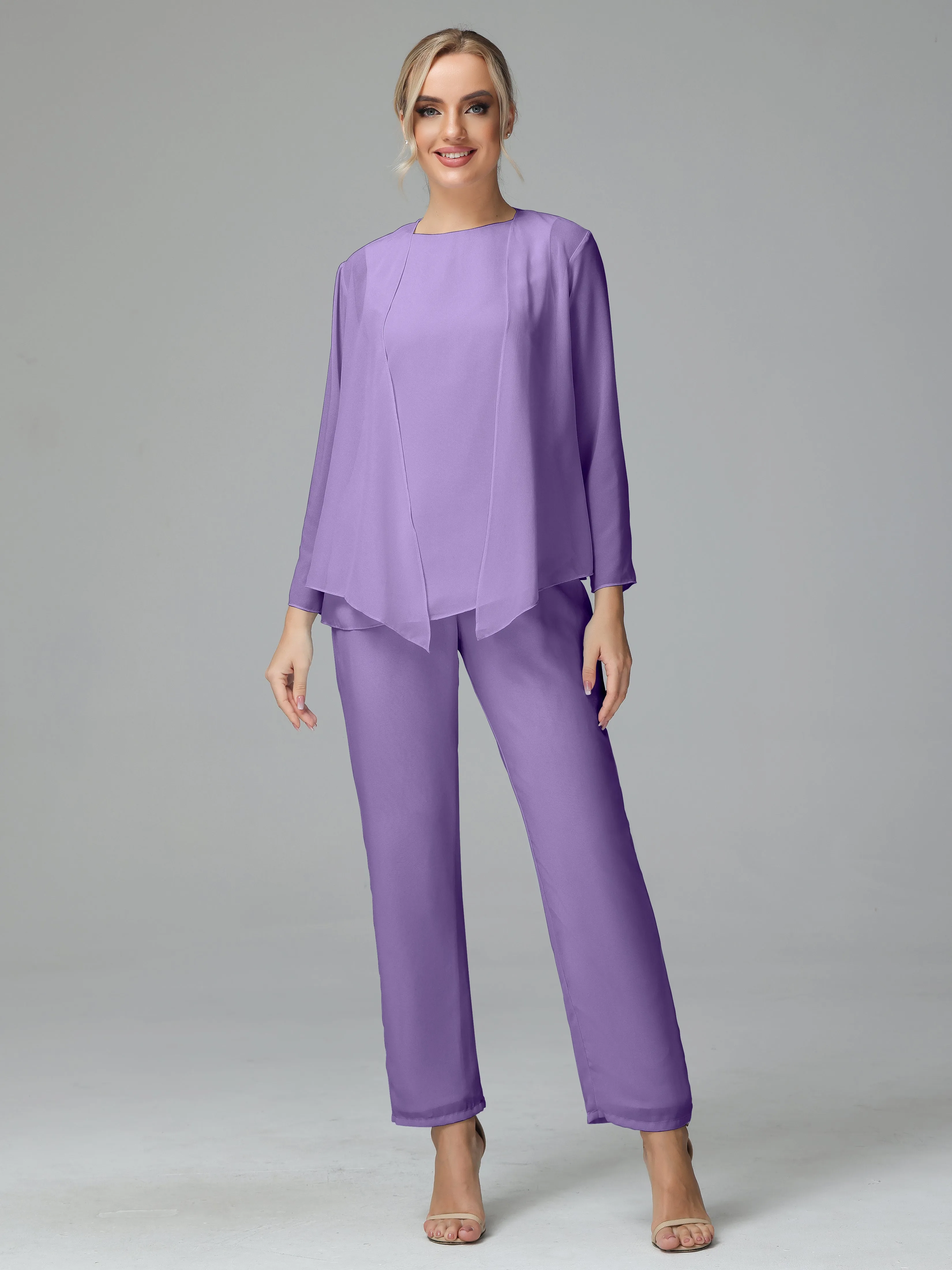 Long Sleeves 3 Pieces Chiffon Mother of Bride Dress Pant Suits