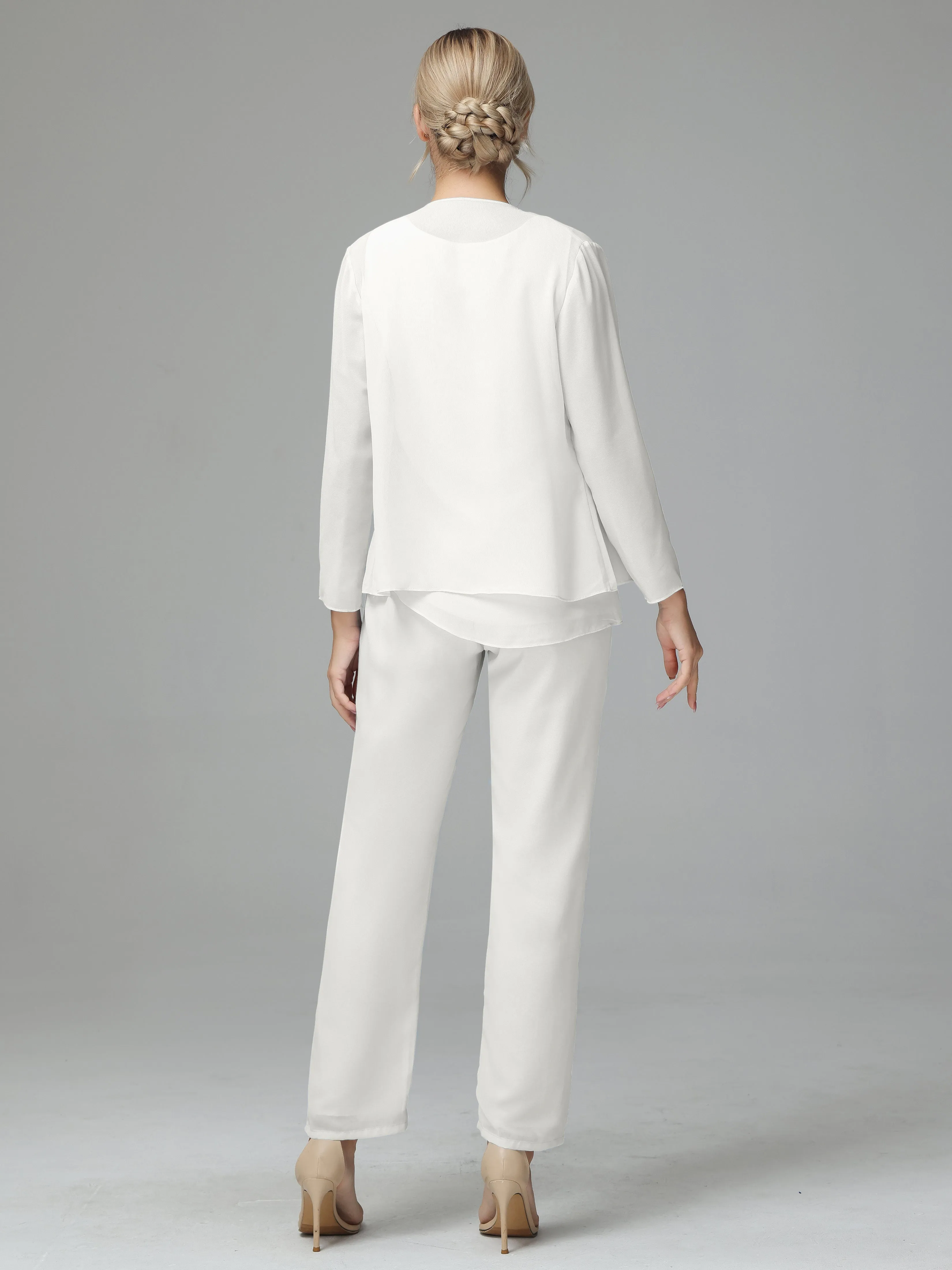 Long Sleeves 3 Pieces Chiffon Mother of Bride Dress Pant Suits