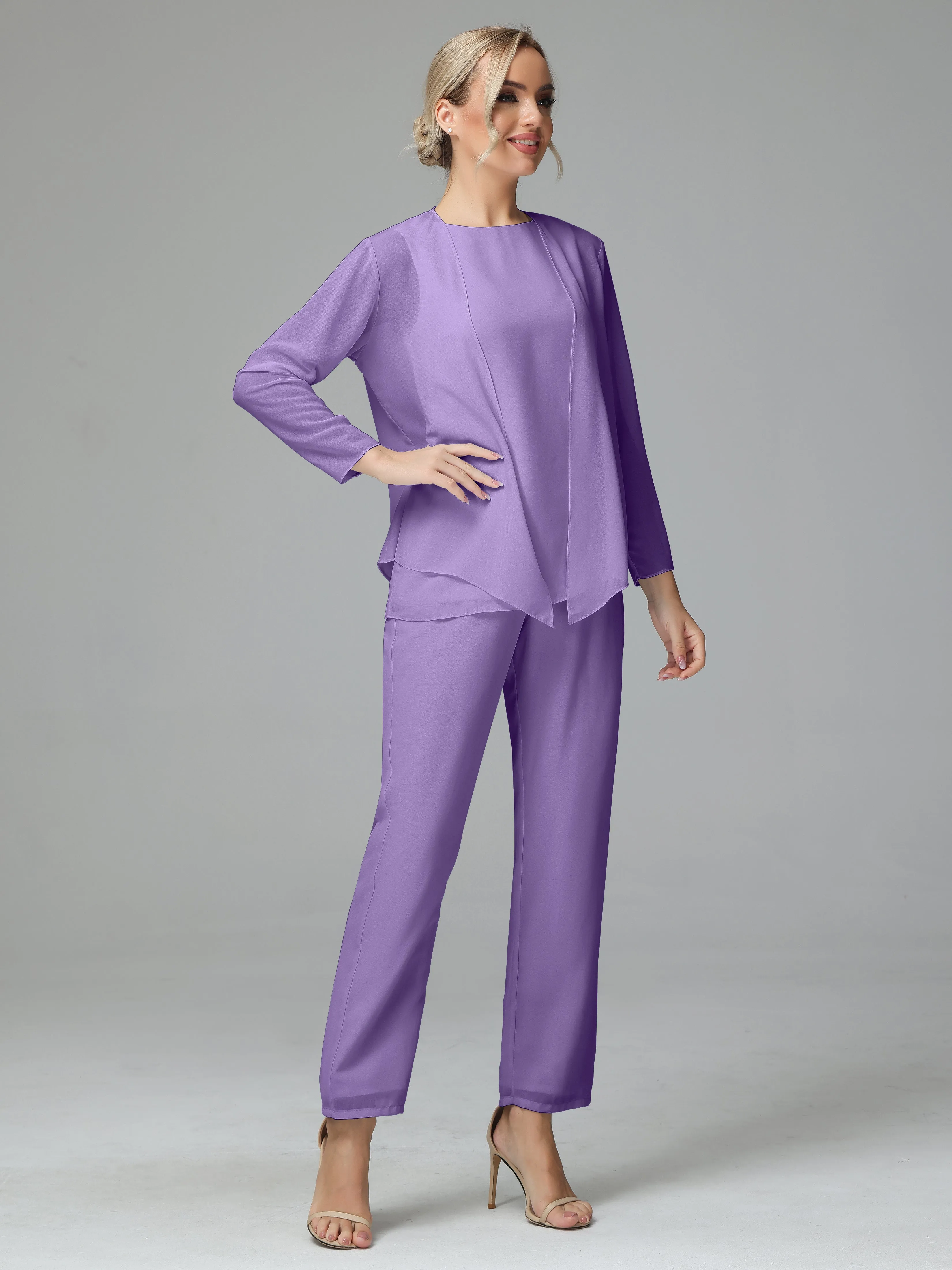 Long Sleeves 3 Pieces Chiffon Mother of Bride Dress Pant Suits