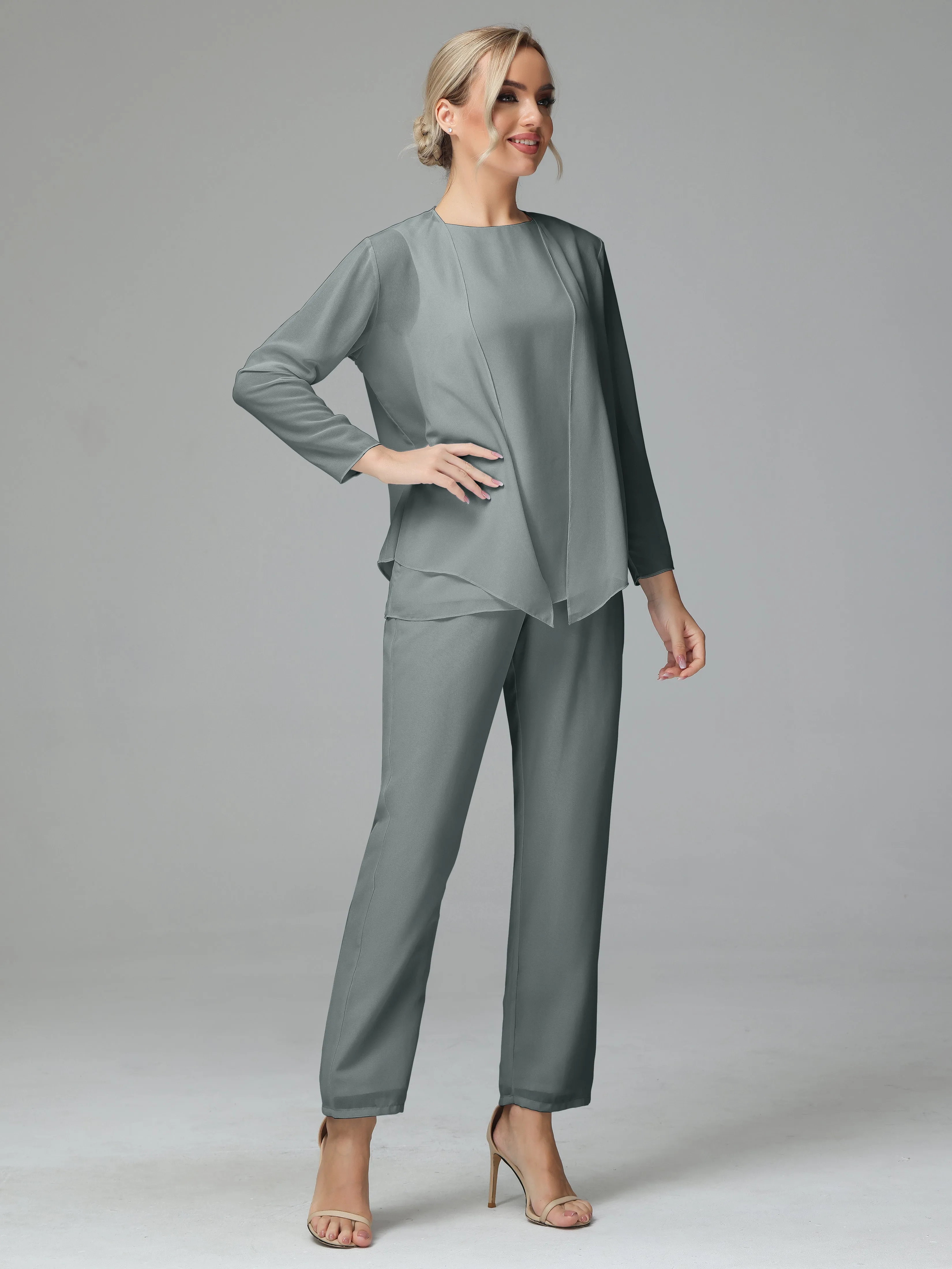 Long Sleeves 3 Pieces Chiffon Mother of Bride Dress Pant Suits