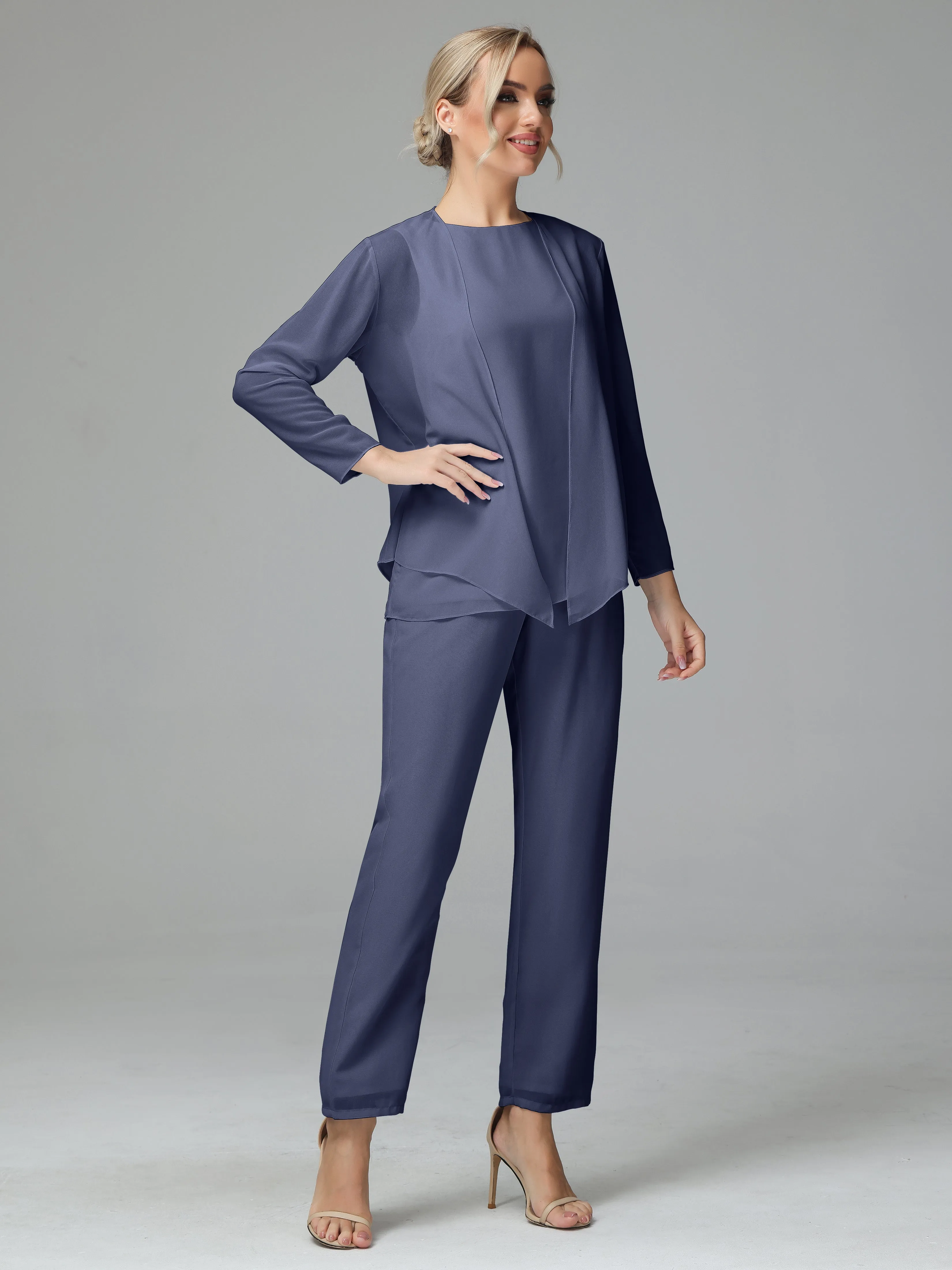 Long Sleeves 3 Pieces Chiffon Mother of Bride Dress Pant Suits